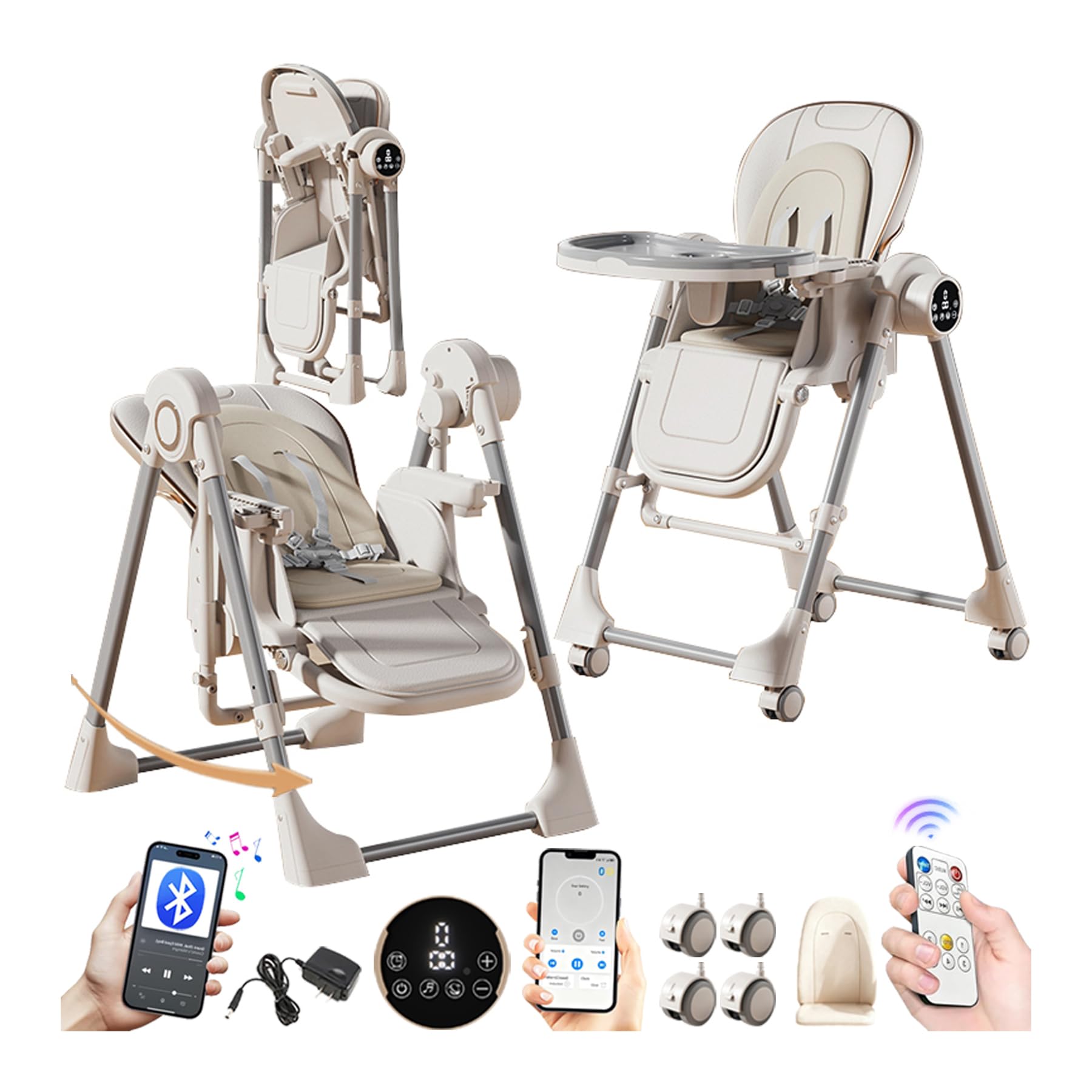 MoLi Elettrico Bluetooth Intelligente Pelle PU Seggiolone, Seggiolino Pappa Sedia con Funzione di Dondolo, Seggiolone Pappa Vassoio a Doppio Strato (E8121 White)
