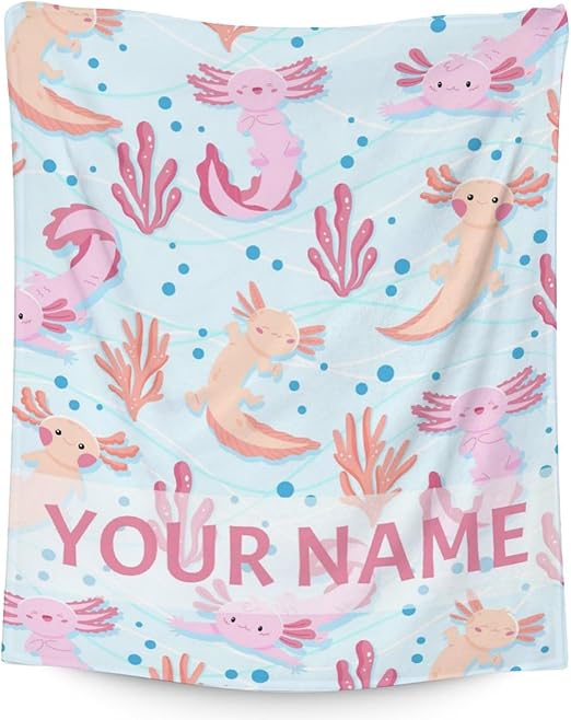 Girl Blanket - 60x80 Inches Personalized Cute Axolotl Throw - Light Blue Soft Fuzzy Blankets for Bed, Couch & Living Room