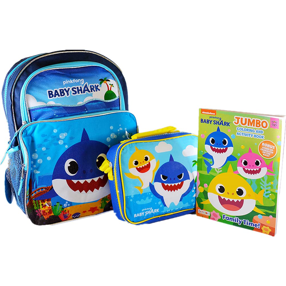 16" Baby Shark Large School Backpack with Lunch Bag and 80-Page Jumbo Coloring and Activity Book | B