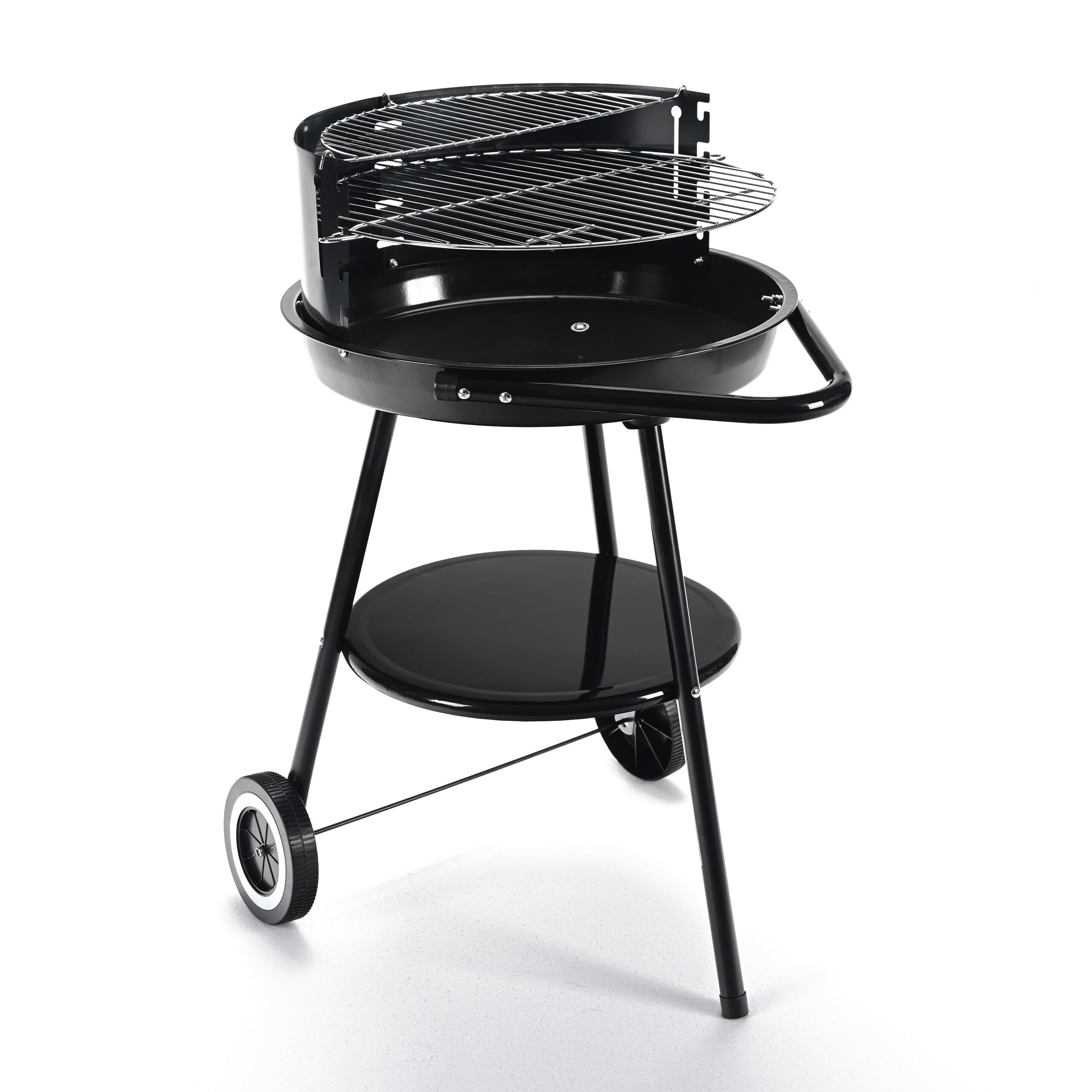 Relaxdays Barbacoa de carbón con Ruedas, Ø 47 cm, jardín, Negra | Paravientos, estante, rejilla calentadora, redonda