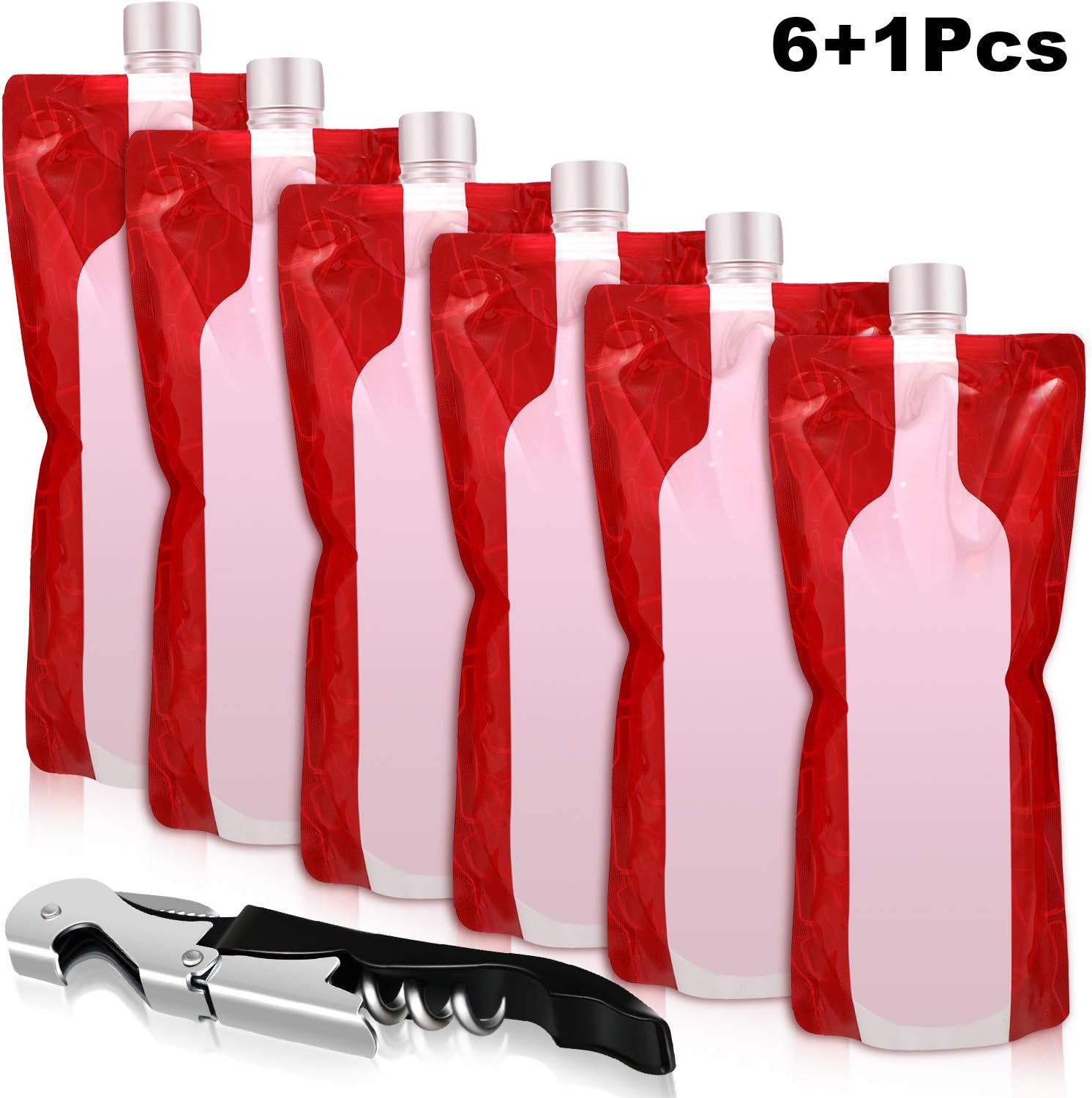 6 Pieces Foldable Plastic Wine Bag Wine Travel Pouch Wine Bottle Pouch Plastic Wine Flask with Bottle Opener for Wine Liquor Juice Coffee