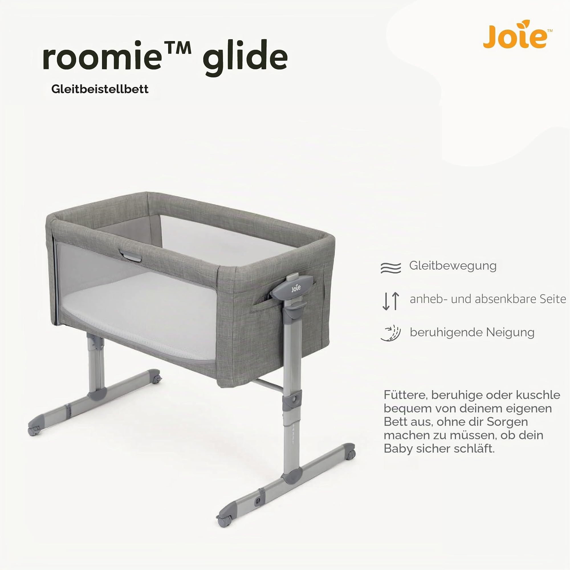 Joie roomie™ Glide Beistellbett, ab Geburt bis 6 Monate (0–9kg), Foggy Grey | Beistellbett und Wiege mit wiege funktion, Absenkbares Seitenteil, Neigung, höhenverstellbar und Tragetasche inklusive.