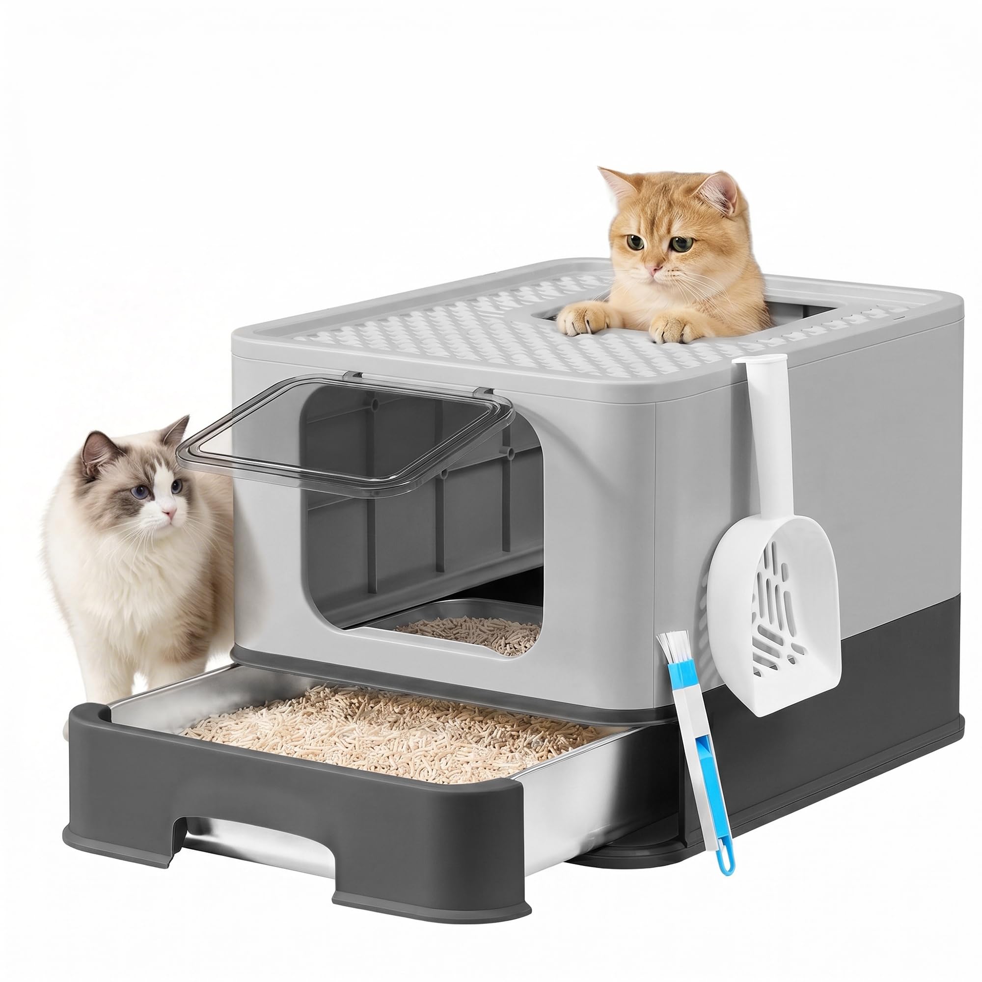 Feandrea Stainless Steel Cat Litter Box, Litter Tray with Pull-Out Drawer, Scoop, Brush, 2 Entrances, for Cats up to 15 kg, Charcoal Grey and Dove Grey PPT004B101