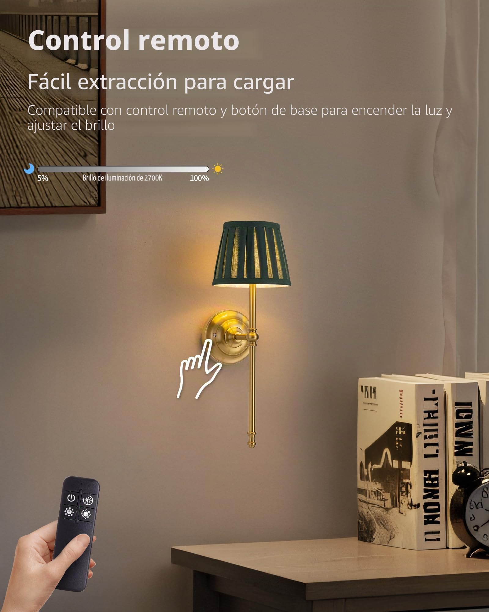 Apliques de pared recargables, 2,LED de tela con batería, iluminación regulable con 5200 mAh y mando a distancia inalámbrico para salón, dormitorio, pasillo (Schwarz)