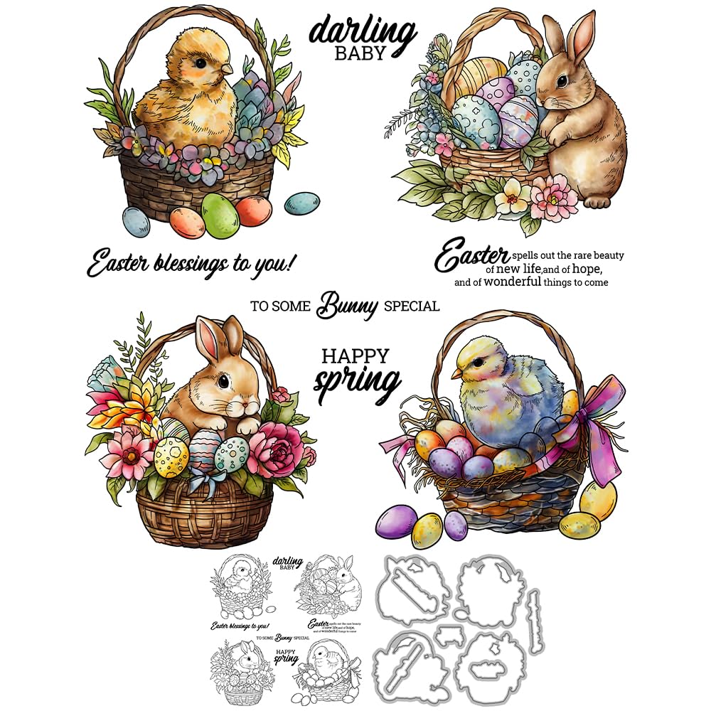 YIXUANHappy Easter Rabbits Chicken Colorful Eggs and Spring Flowers Clear Stamp Metal Cutting Dies Set for Card Making DIY Scrapbooking Supplies Silicone Stamp Knife Mold for Albums Crafts Decor