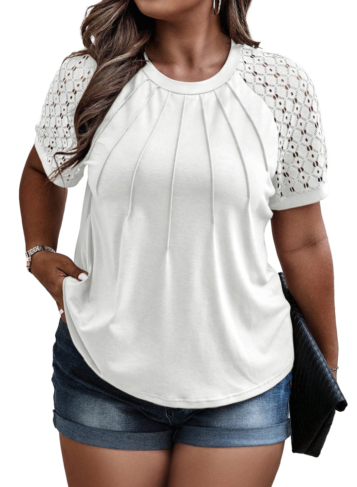 Eytino Plus Size Tops for Women Summer Lace Short Sleeve Crewneck Loose Casual Blouse Tunic T Shirts(1X-5X)