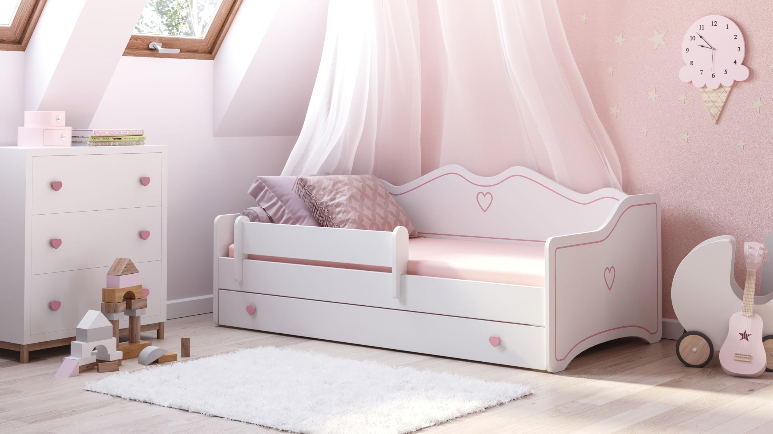 Kids Collective Kinderbett Mädchen Jugendbett 80x160 cm mit Matratze Rausfallschutz & Schublade | Prinzessin Kinder Sofa Couch Bett umbaubar rosa weiß | von 3. bis 10. Lebensjahr