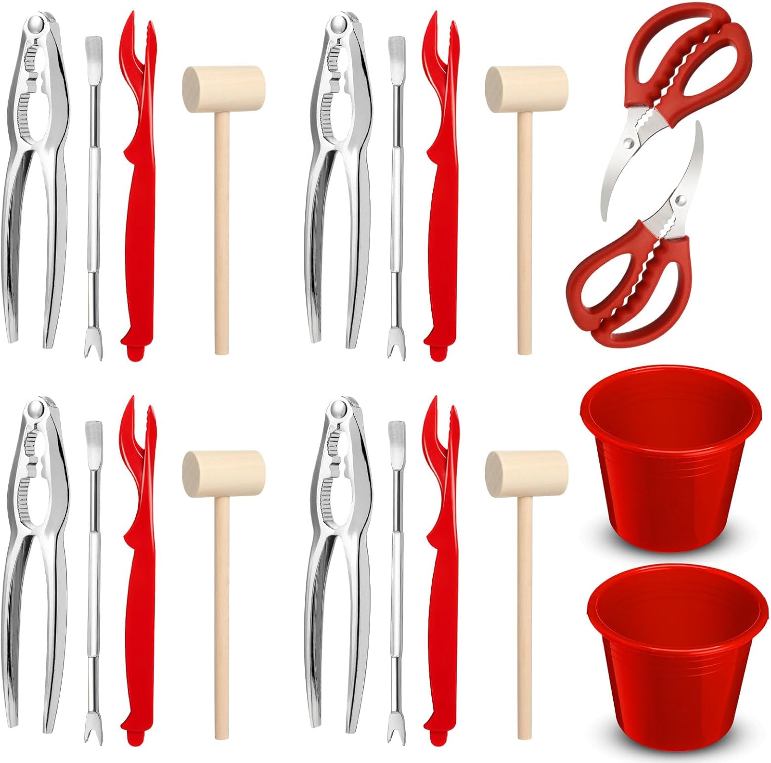 40 Pcs Seafood Tools Set Seafood Boil Party Supplies Crab Crackers Scissors Lobster Sheller Hammer Shellfish Forks Cracker Red Plastic Bucket for Lobster Crab Food New Year Party