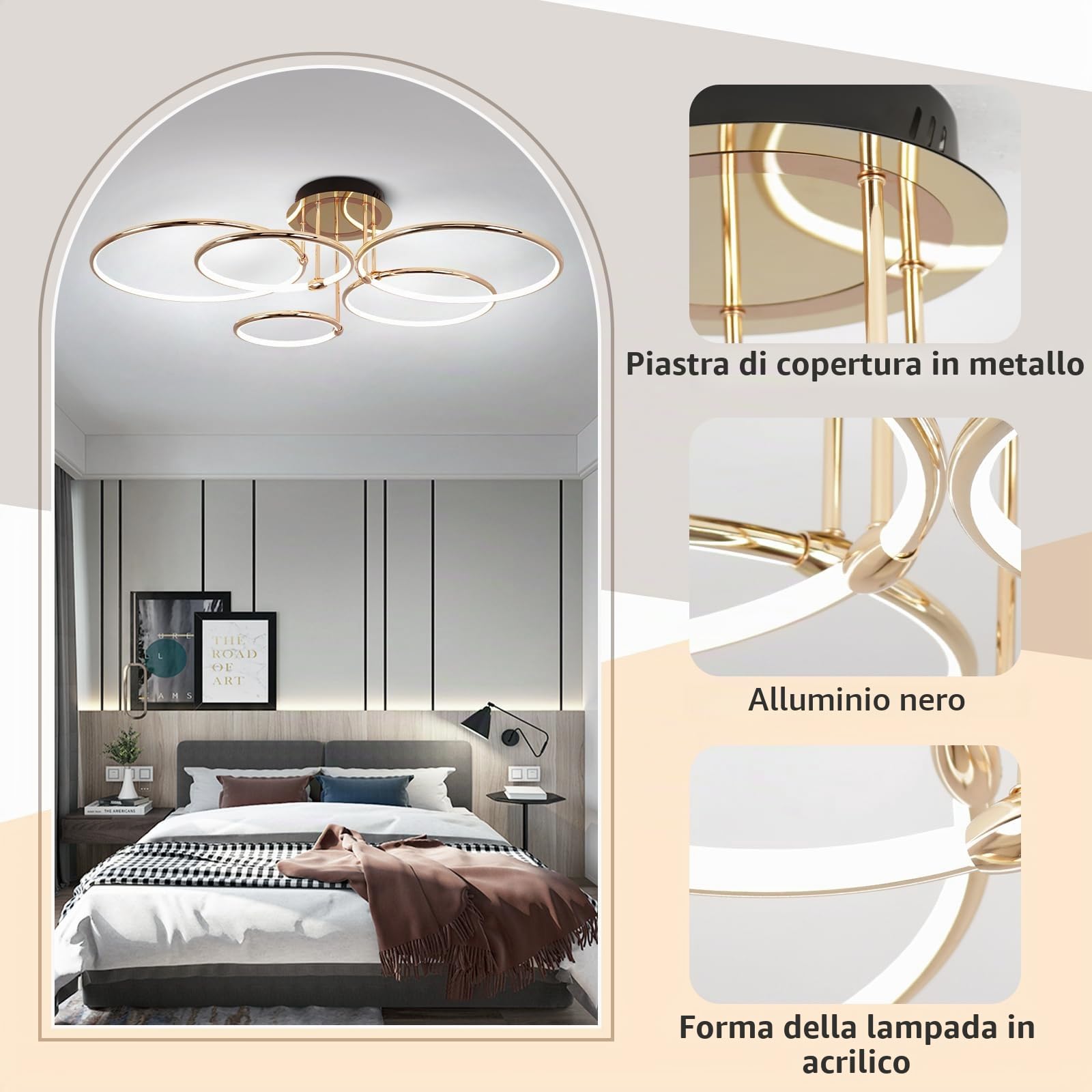 Lampada da soffitto a LED dal design moderno, con 5 anelli, dimmerabile, per soggiorno, camera da letto, cucina, sala da pranzo, ufficio, 93 cm, 108 W