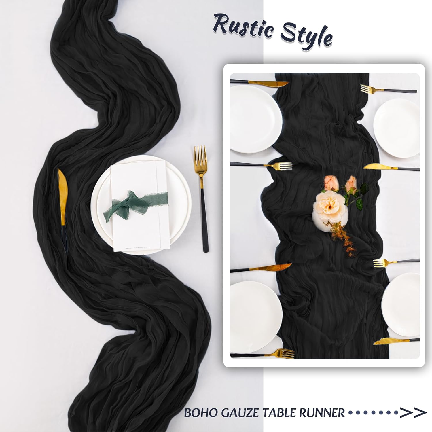 12 Pack Black Table Runner 10FT Black Cheesecloth Table Runner 120 inch Boho Gauze Cheese Cloth Table Runner Rustic Sheer Table Runner for Party Wedding Bridal Baby Shower Birthday Table Decor
