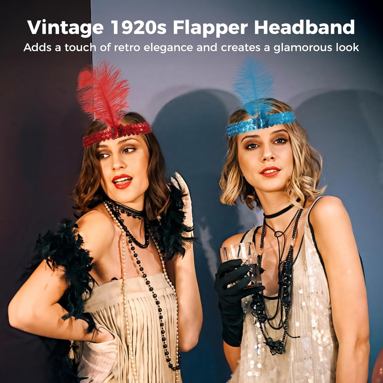 BOSREROY 30 Piece 1920S Flapper Headbands, Glimmering Sequin Feather Hair Bands For Women, 15 Colorful Elastic Vintage Rhinestone Headwear For Retro Parties And Events