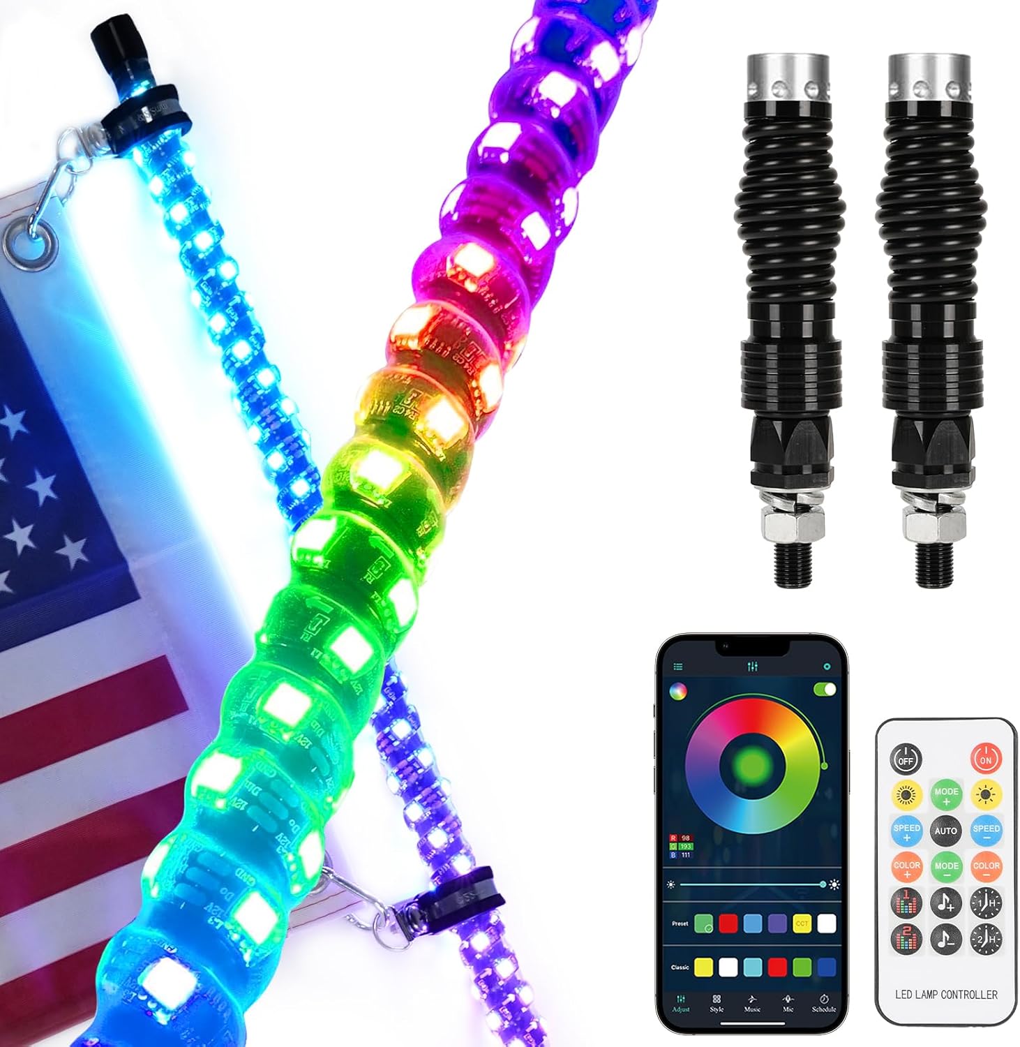 (2 Pack) Upgraded 3FT RGB Whip Lights with Anti-Fracture Spring Base, Spiral Led Whip Light with Remote & App ControI, for UTV ATV Jeep Off-Road RZR Polaris Truck Car, and 4X4 Sand Buggy 3FT-SLIM-2PCS