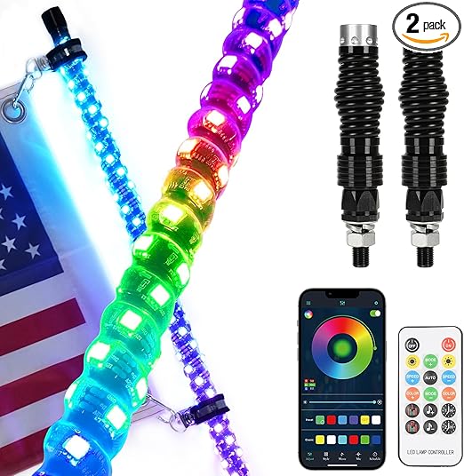 (2 Pack) Upgraded 3FT RGB Whip Lights with Anti-Fracture Spring Base, Spiral Led Whip Light with Remote & App ControI, for UTV ATV Jeep Off-Road RZR Polaris Truck Car, and 4X4 Sand Buggy