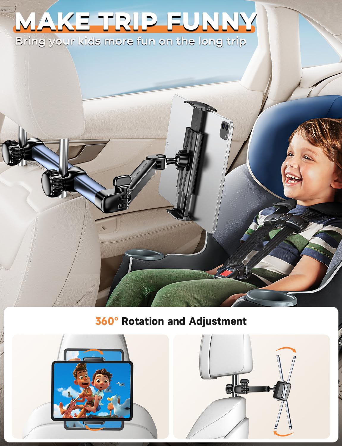 TRYONE Support Tablette Voiture appuie-tête – Bras Long 46 cm, 3-en-1 pour iPad, Switch, Smartphones 4,7–16,1", idéal Enfant & Voyage | Bras ultra-long 46 cm à triple axe pour placer la tablette au centre du siège arrière.