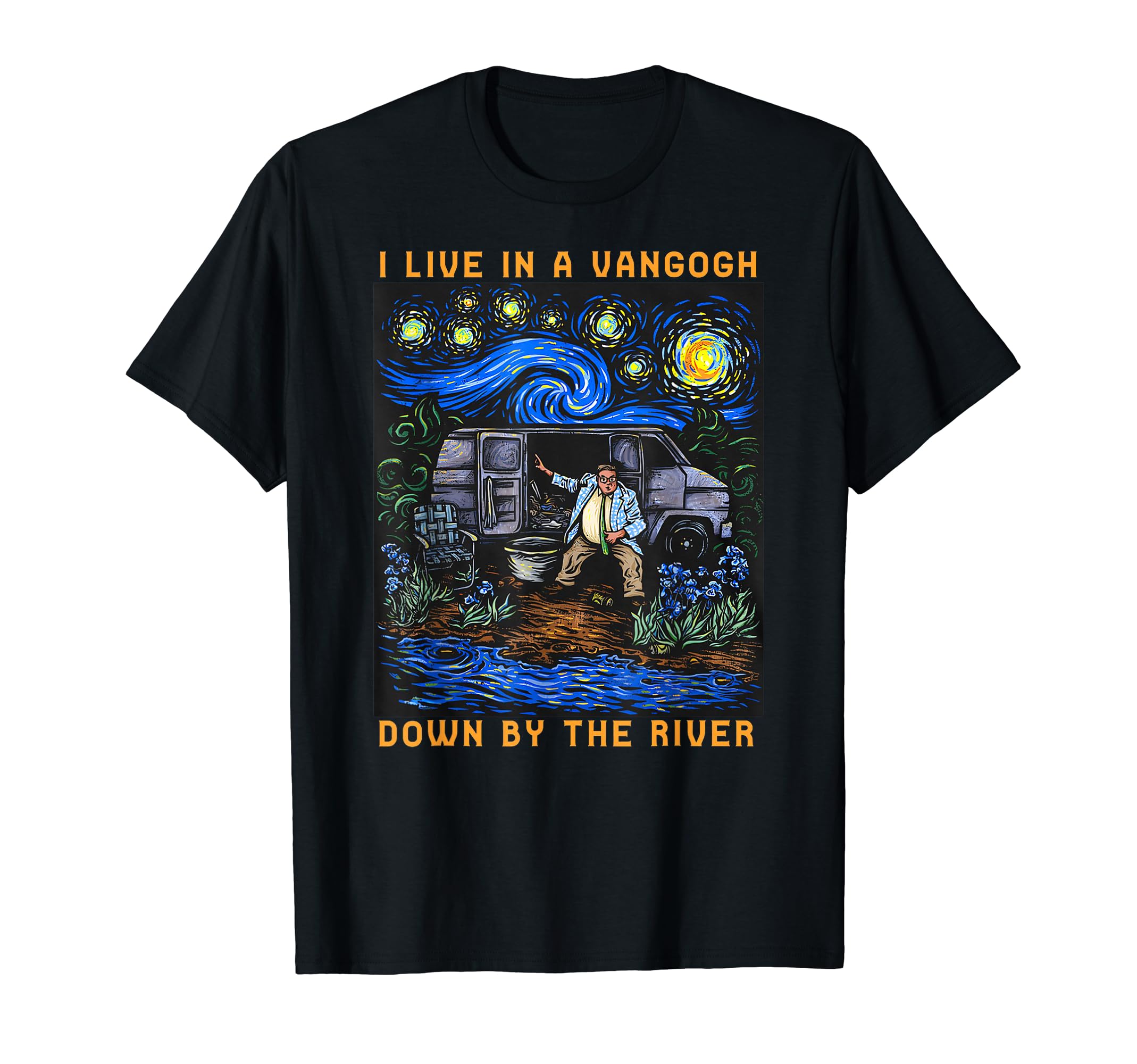 River Beautiful DayI Live In A Van-Gogh Down Black Cotton 100% Classic Fit Crew Collar Short Sleeve Unisex-Adults Small T-Shirt