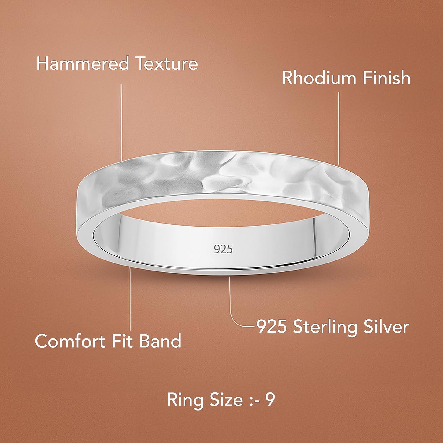 LeCalla 925 Sterling Silver Rings for Men | Hammered Band & Paperclip Link Rings | Classic Minimalist Textured Wedding Band Rings | Handmade Jewelry Gift for Him Dad Father | (Size 8-10 No.)