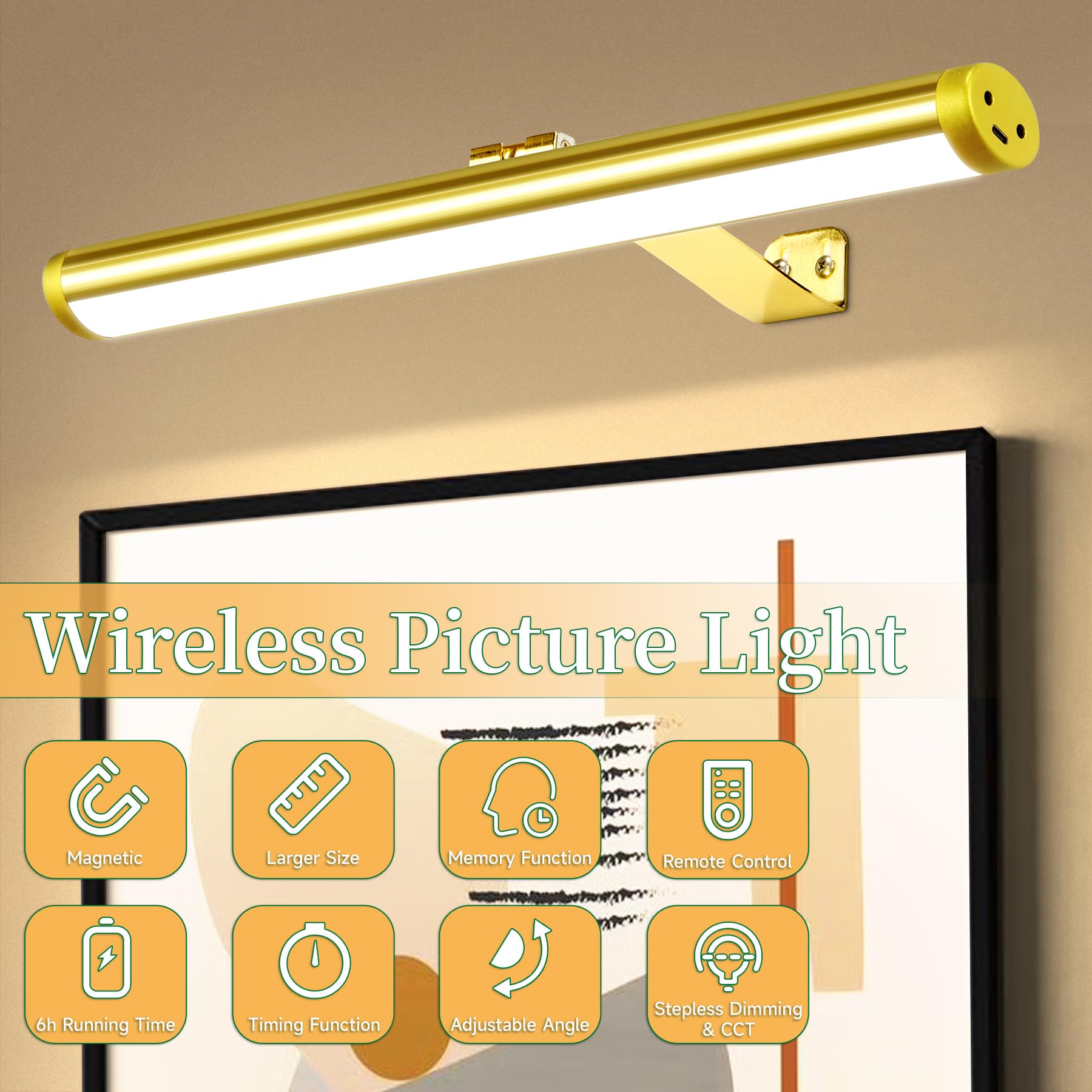 CHENBEN Lámparas de pared inalámbricas con mando a distancia,225° ajustable,4000mAh con batería,regulable/temporizador,17.12inch Lámparas de aluminio para cuadros/marcos/pósters,dorado
