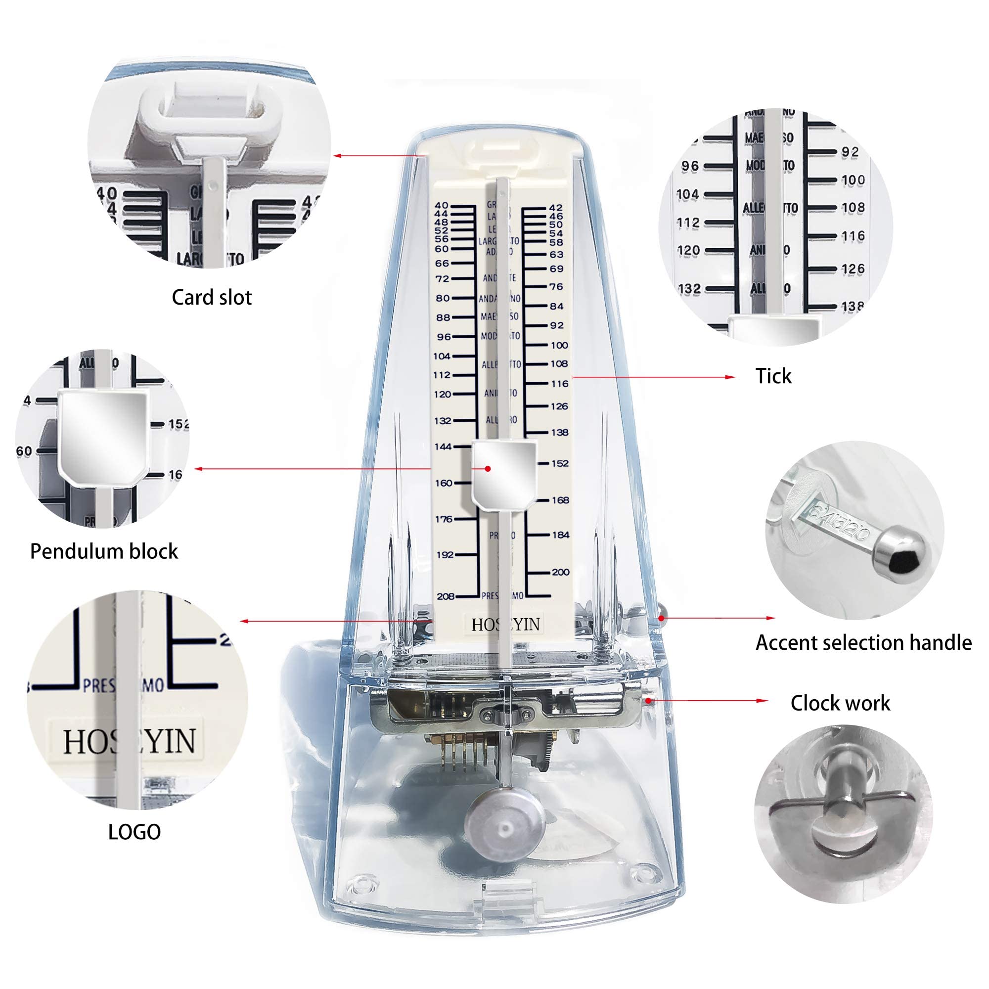 Métronome mécanique universel pour piano, guitare, violon et autres instruments (transparent)