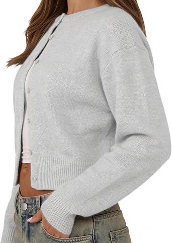 Women Y2K Button Front Crop Sweater Cardigan Solid Color Crew Neck Long Sleeve Knit Fall Tops Streetwear