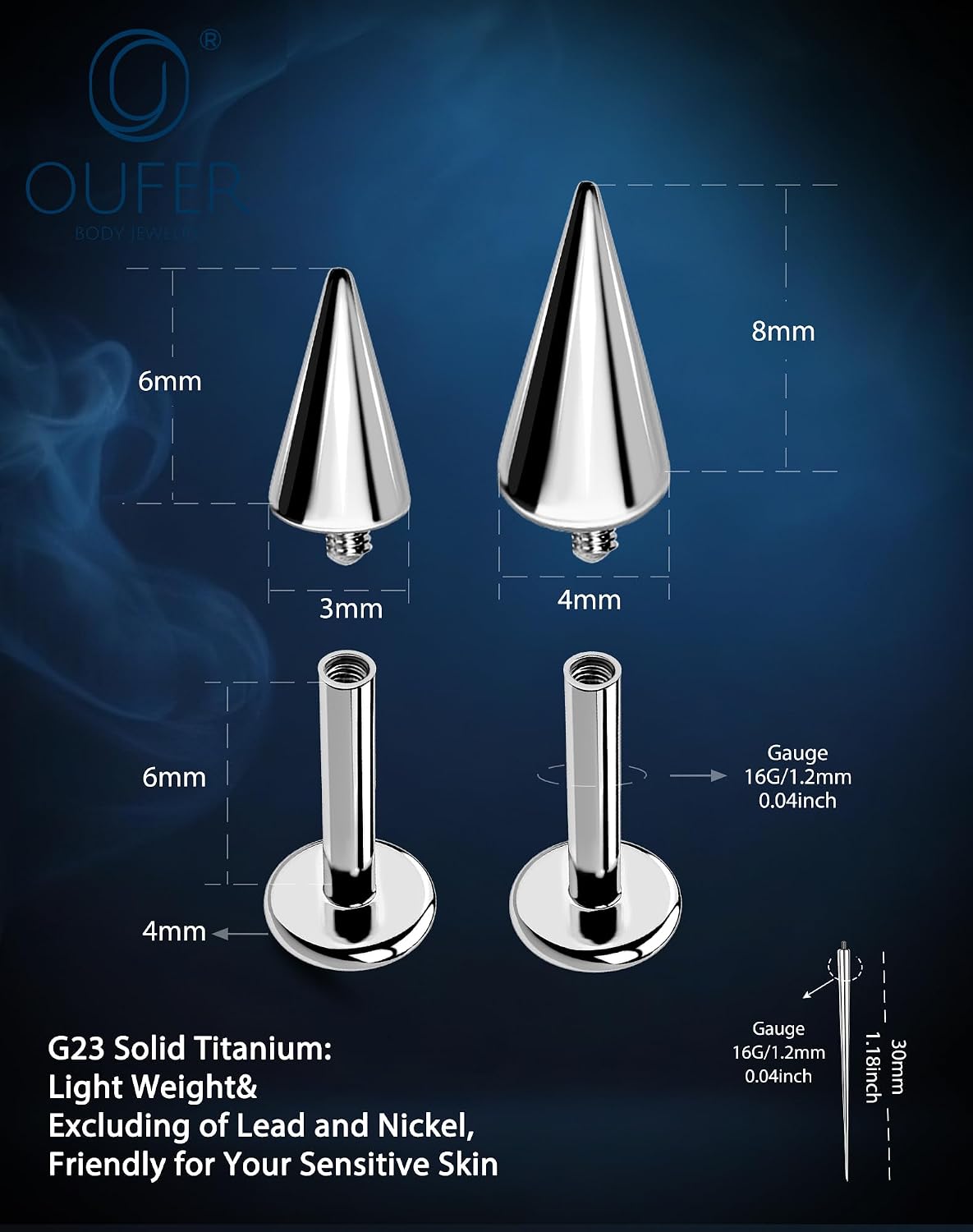 OUFER Vertical Labret Lip Jewelry 16G Spike Flact Back Vertical Helix Piercing Jewelry, 2PCS G23 Solid Titanium Internally Threaded Labret Lip Conch Cartilage Piercing For Women Men