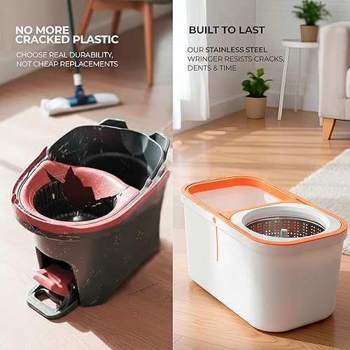 Miniatura 4 de Trapeador giratorio y cubo con escurridor, mango de acero inoxidable, sistema de autoescurrimiento, fácil limpieza de suelos para madera dura,