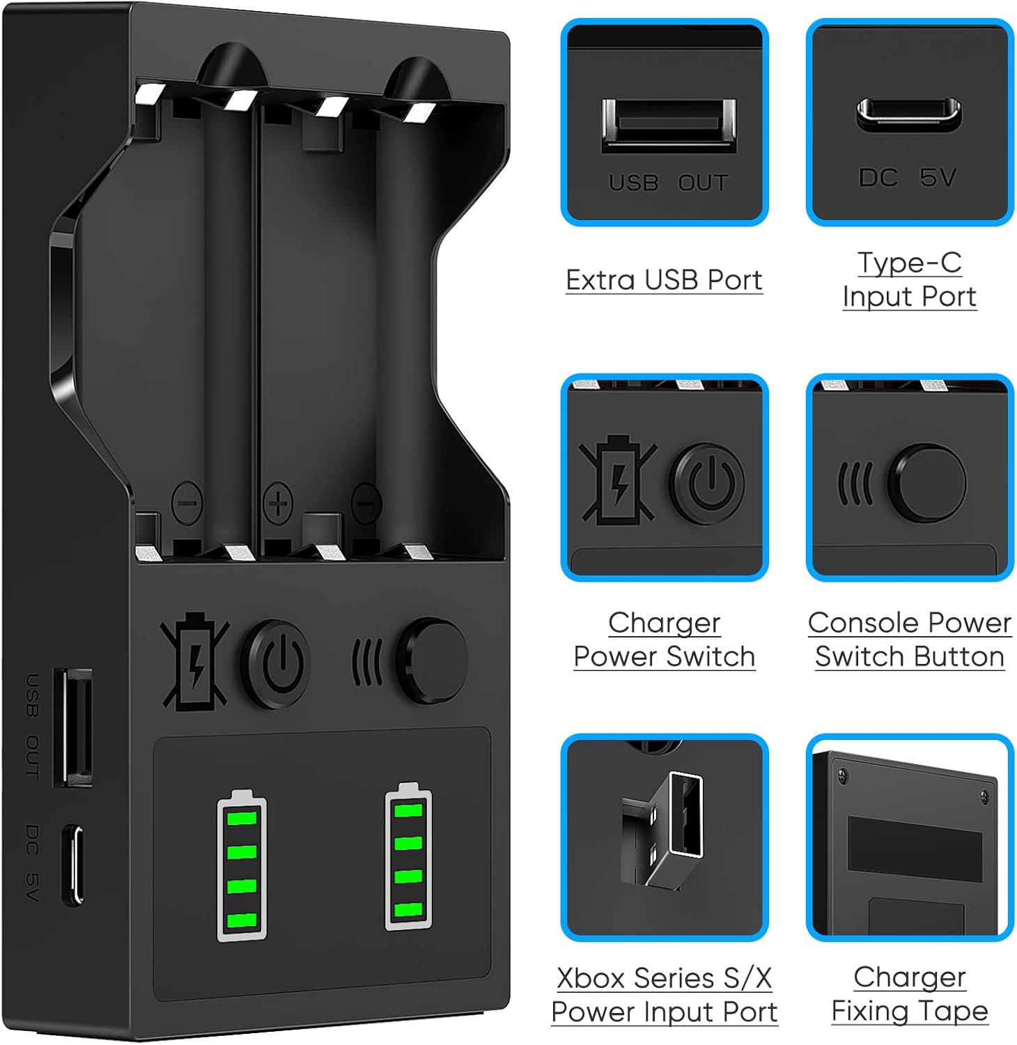 Rechargeable Controller Battery Pack for Xbox Series X|S and Xbox One, 2 Pack 2650mAh High Capacity Batteries Charger Kit Accessories with Charger for Xbox One X|S/One Elite/One/Series X|S, Black