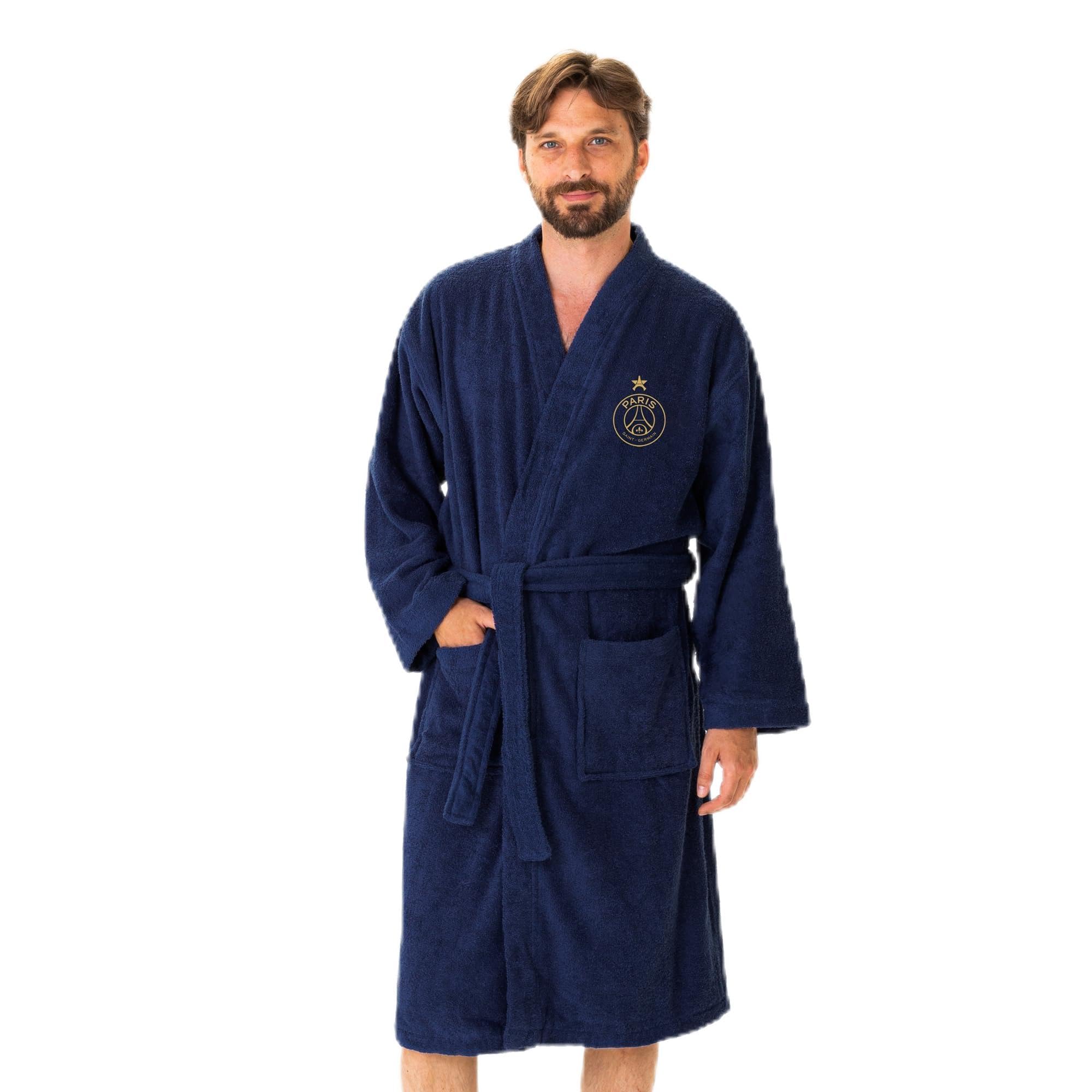 OMYDREAM PSG Europe Peignoir Homme Adulte | 100% Coton Bouclette | Brodé Cœur & Dos | Col Kimono | 2 Poches | Bleu