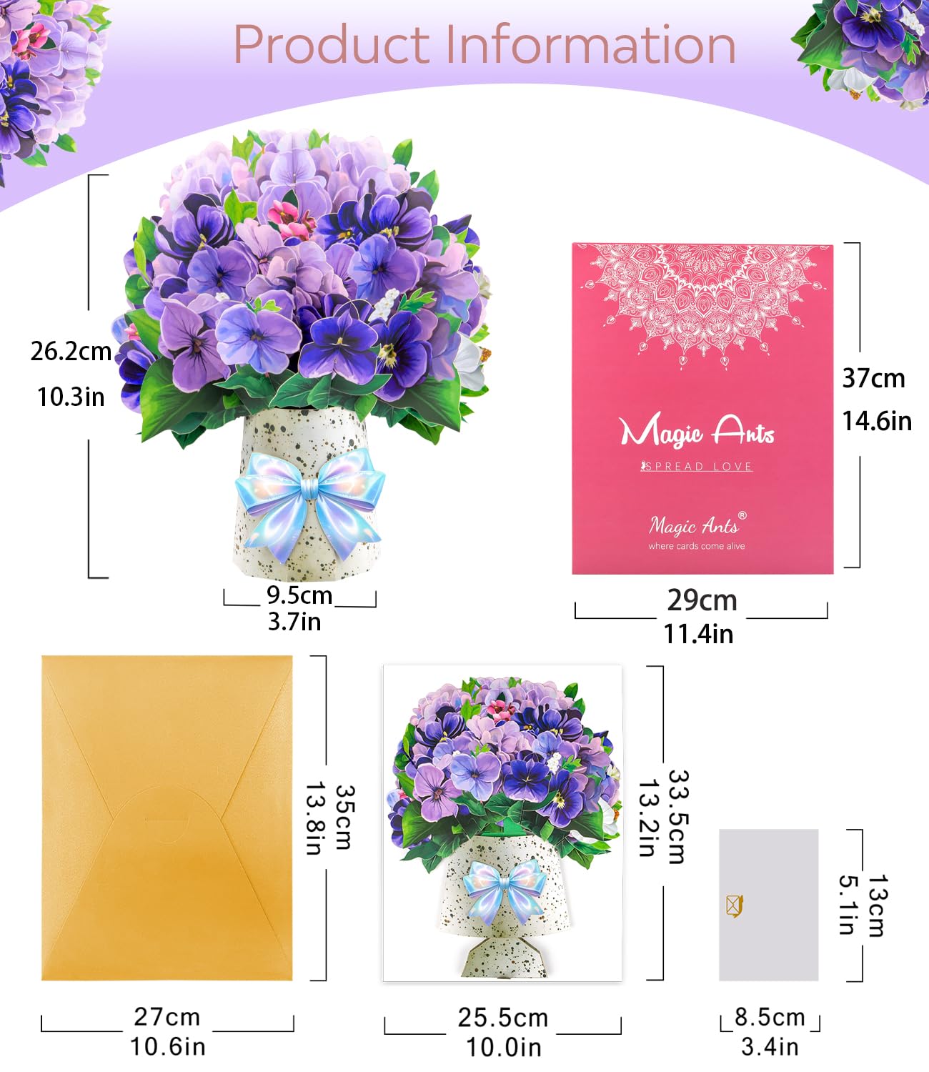 Violet Pop-Up Card, 3D Flower Bouquet Greeting with Envelope and Notecard, for Birthdays Mother’s Day, Weddings - Image 2