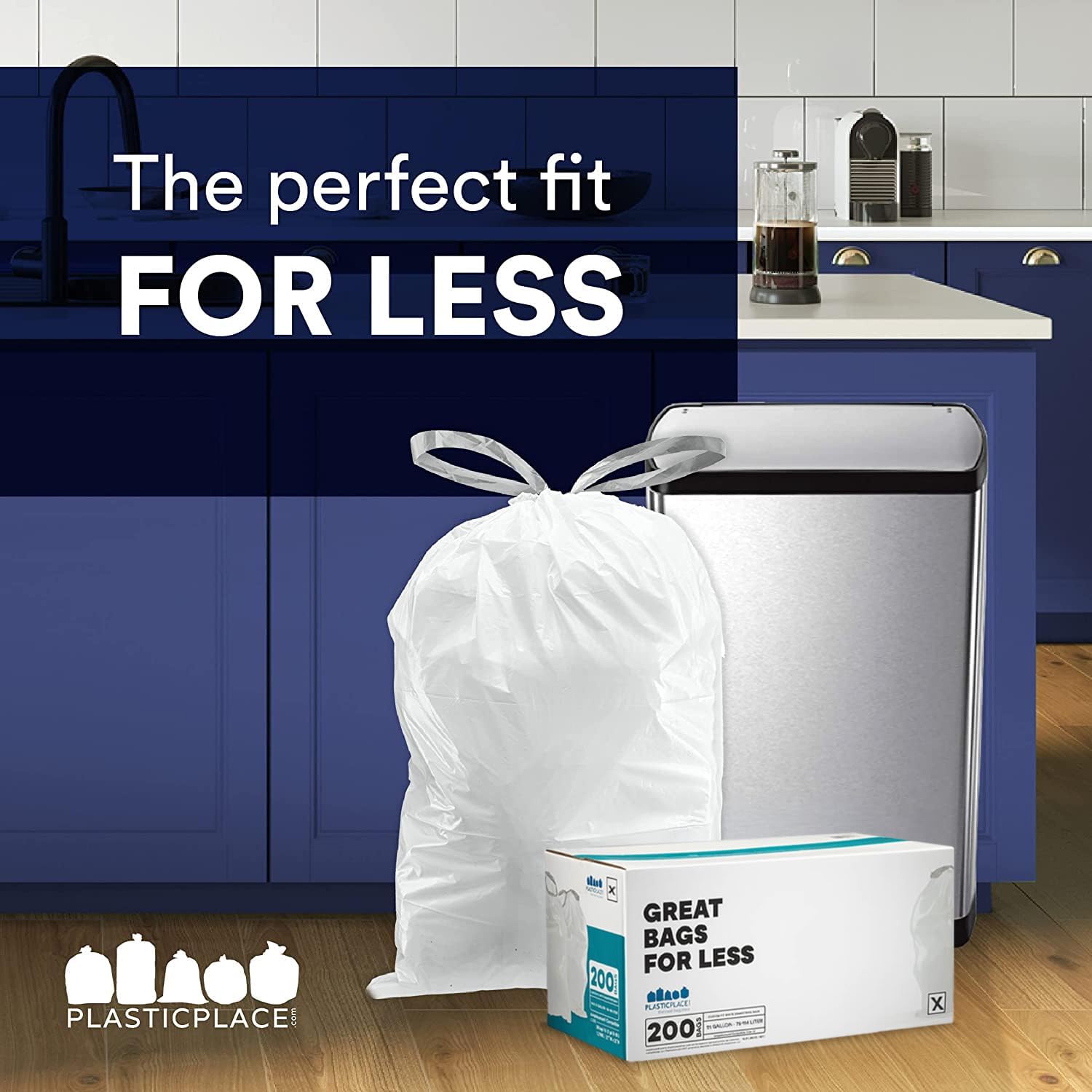 Plasticplace Custom Fit Trash Bags, Compatible with simplehuman Code X (200 Count) White Drawstring Garbage Liners 21 Gallon/ 80 Liter, 26" x 24.5"
