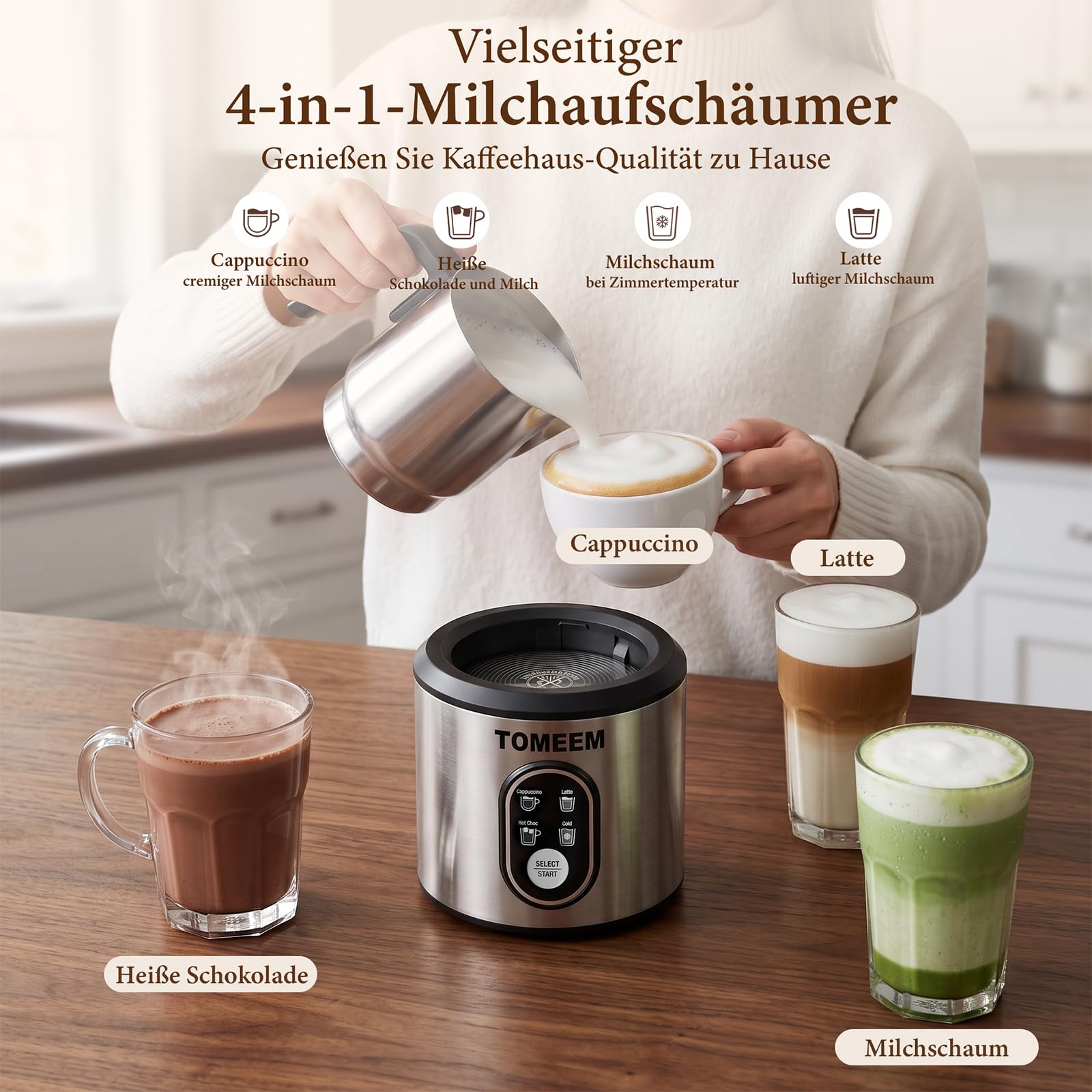 TOMEEM 4-in-1-Milchaufschäumer, geeignet für heißen und kalten Milchschaum