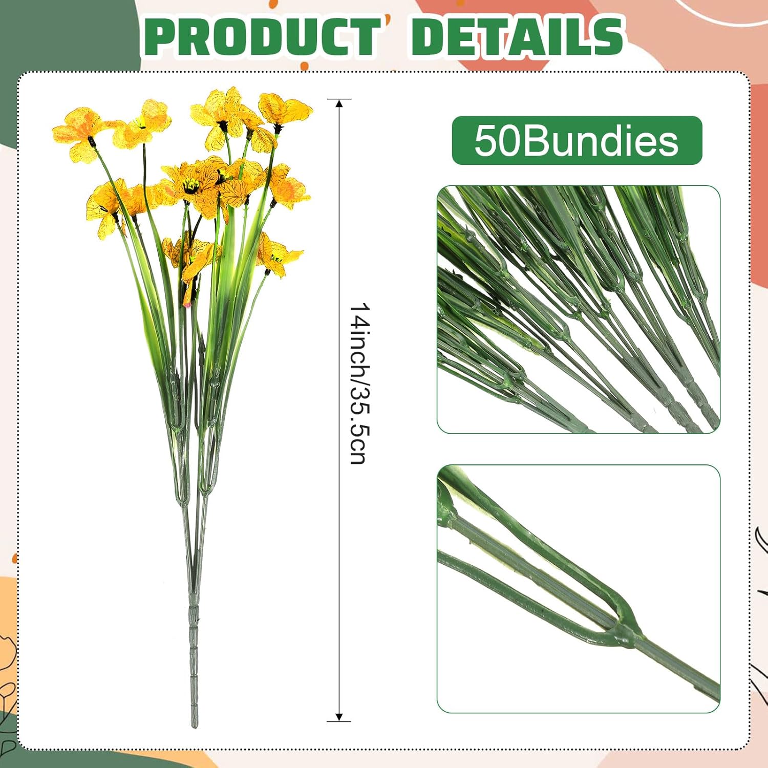 Jexine 50 Bundles Artificial Flower for Outdoors Decoration Fake Violet Silk Flower UV Resistant Fake No Fade Realistic Faux Plant for Spring Summer Garden Courtyard Home Porch Decor(Yellow, Purple)