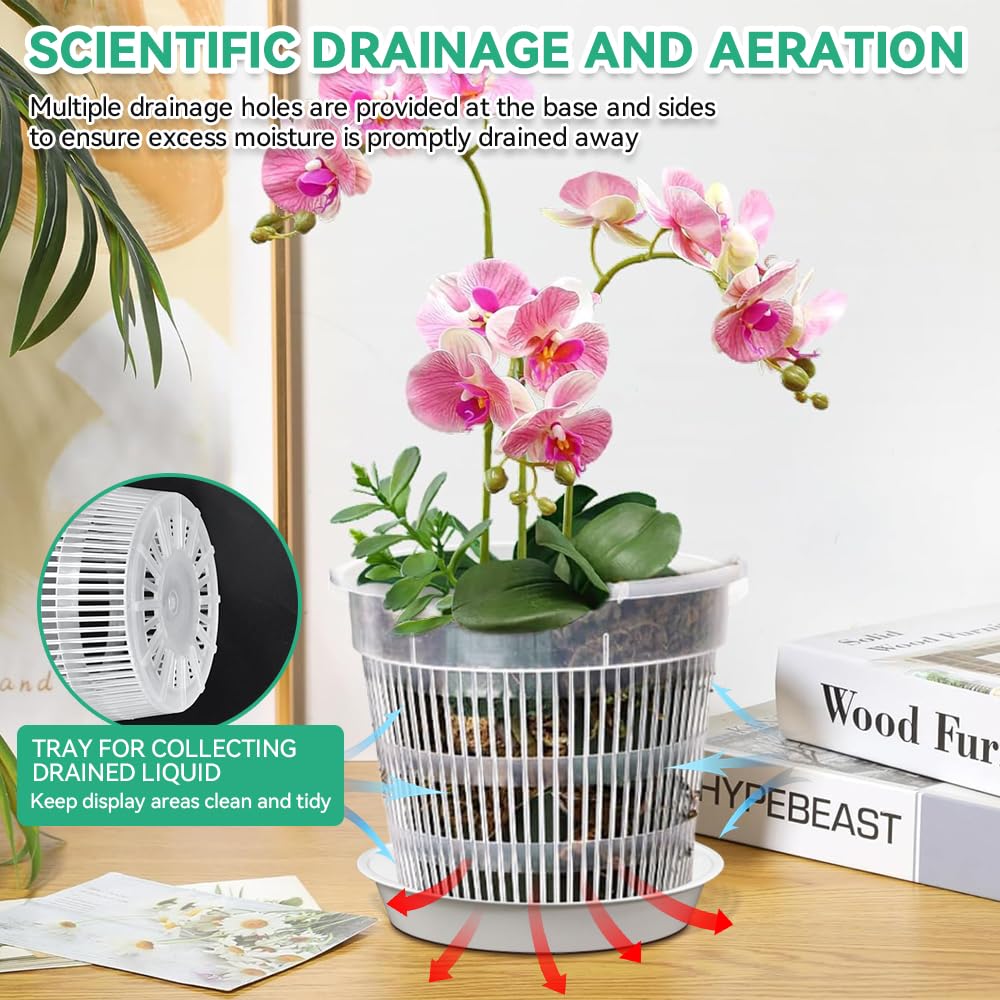 10 Pz Vasi Trasparenti per Orchidee con 10 Vassoi, 14/16cm Vaso per Orchidee in Plastica Trasparente Vasi per Orchidee Trasparenti con Foro per Drenaggio Vasi in Plastica per Piante e Rinvaso