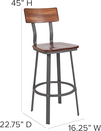 Miniatura 2 de Flash Furniture Flint Series - Taburete de bar rústico de nogal con asiento y respaldo de madera y marco de recubrimiento en polvo gris Nogal