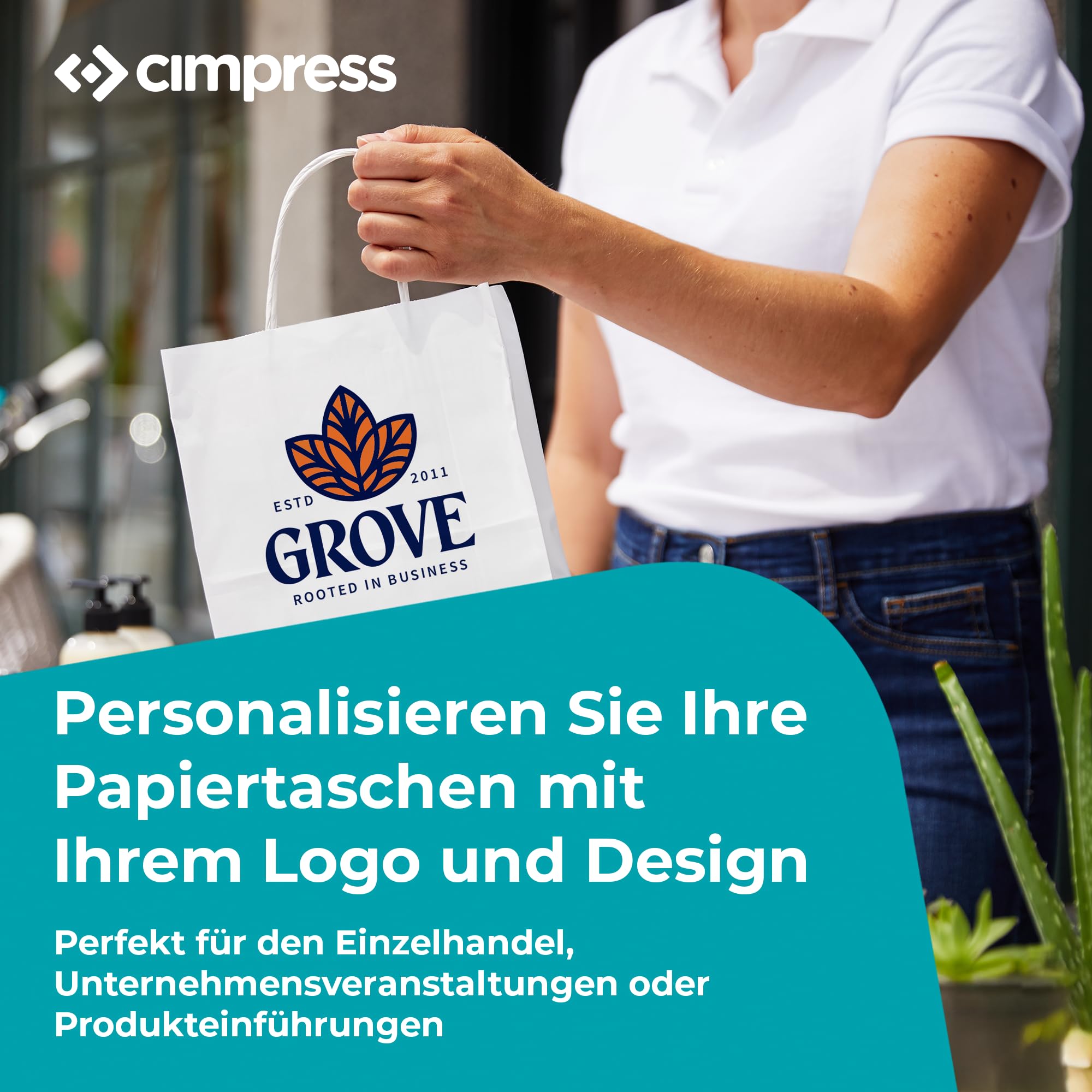 Cimpress Personalisierte Papiertüten mit Henkel weiß, Foto, Logo oder Text hinzufügen, 22 × 30 cm Dezenter Aufdruck, 250 Stück, Kraft-Geschenktüten für Einzelhandel, Boutiquen, Geburtstage, Hochzeiten