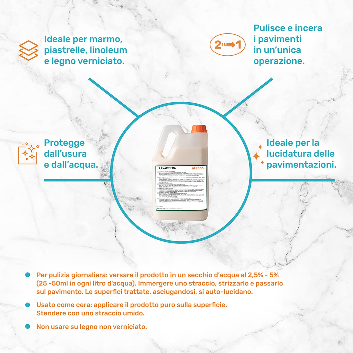 Allegrini, Lavaincera, Detergente lucidante per la pulizia quotidiana di pavimentazioni, pulisce e incera in una sola passata - 4 flaconi da 5L
