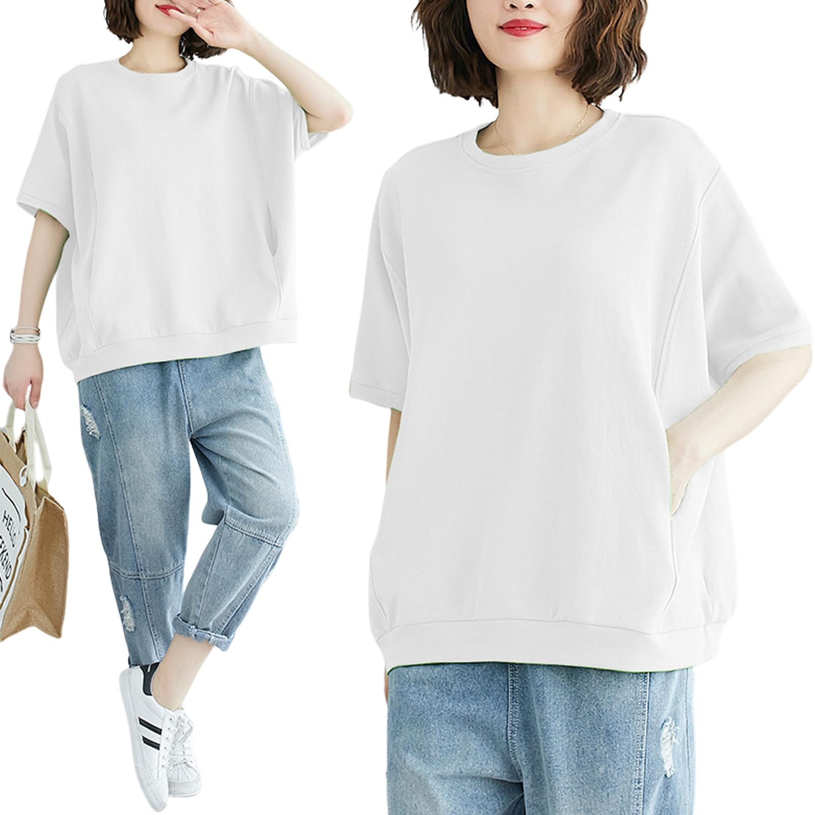 [Luxe Relax] トレーナー スウェット 半袖 レディース シンプル 無地 トップス ゆったり 大きいサイズ 春夏 夏 10