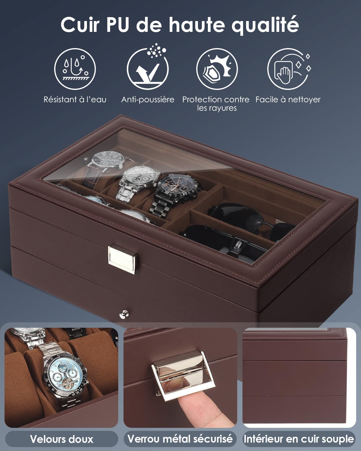 Kukikan Boîte à bijoux pour montre, boîte de rangement pour montres et lunettes de soleil avec grand couvercle en verre, 6 emplacements et 2 couches, boîte à bijoux pour homme avec serrure, présentoir