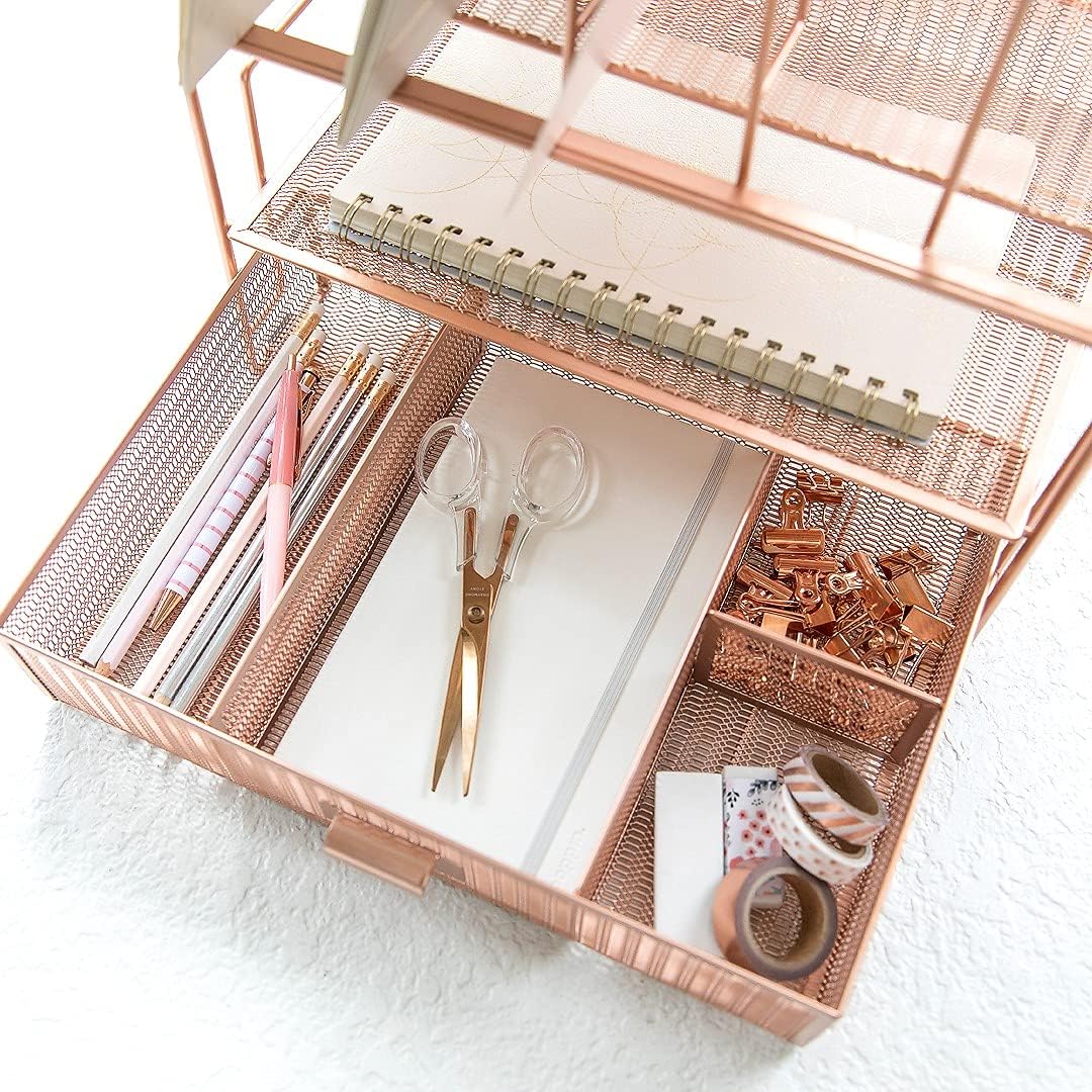 Blu Monaco Workspace Rose Gold Desk Organizers and Storage Accessories Desktop Rack File Organizer with File sorters and Drawer for Office Supplies, Paper, Device and Folder : Office Products