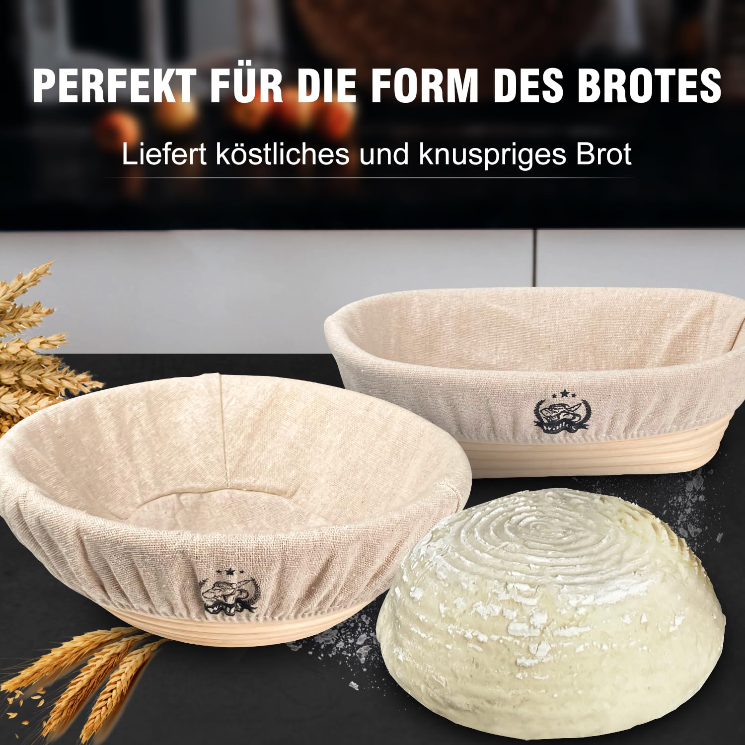 Walfos® Set di cestini per lievitazione ovale, cottura del pane, con rattan naturale, pennello, forchetta e rivestimento in lino, ideale per casa e professionisti