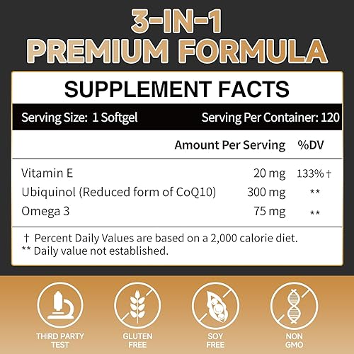 Miniatura 2 de Ubiquinol CoQ10-300mg-Cápsulas blandas con vitamina E y Omega 3, suplemento de coenzima Q10 de alta absorción, apoyo a la salud cardíaca y