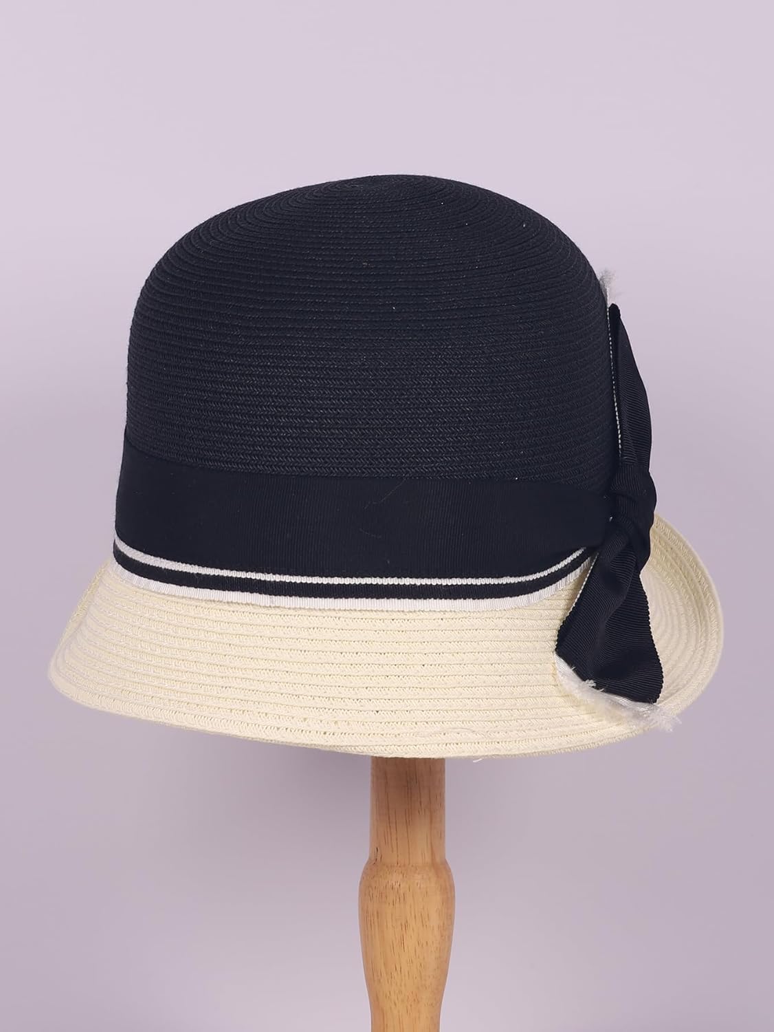 Straw Cloche Hat with Bow Rolled Brim - Black & Beige Color-Blocking Design for Weddings,Parties,Outdoor Events - Image 9