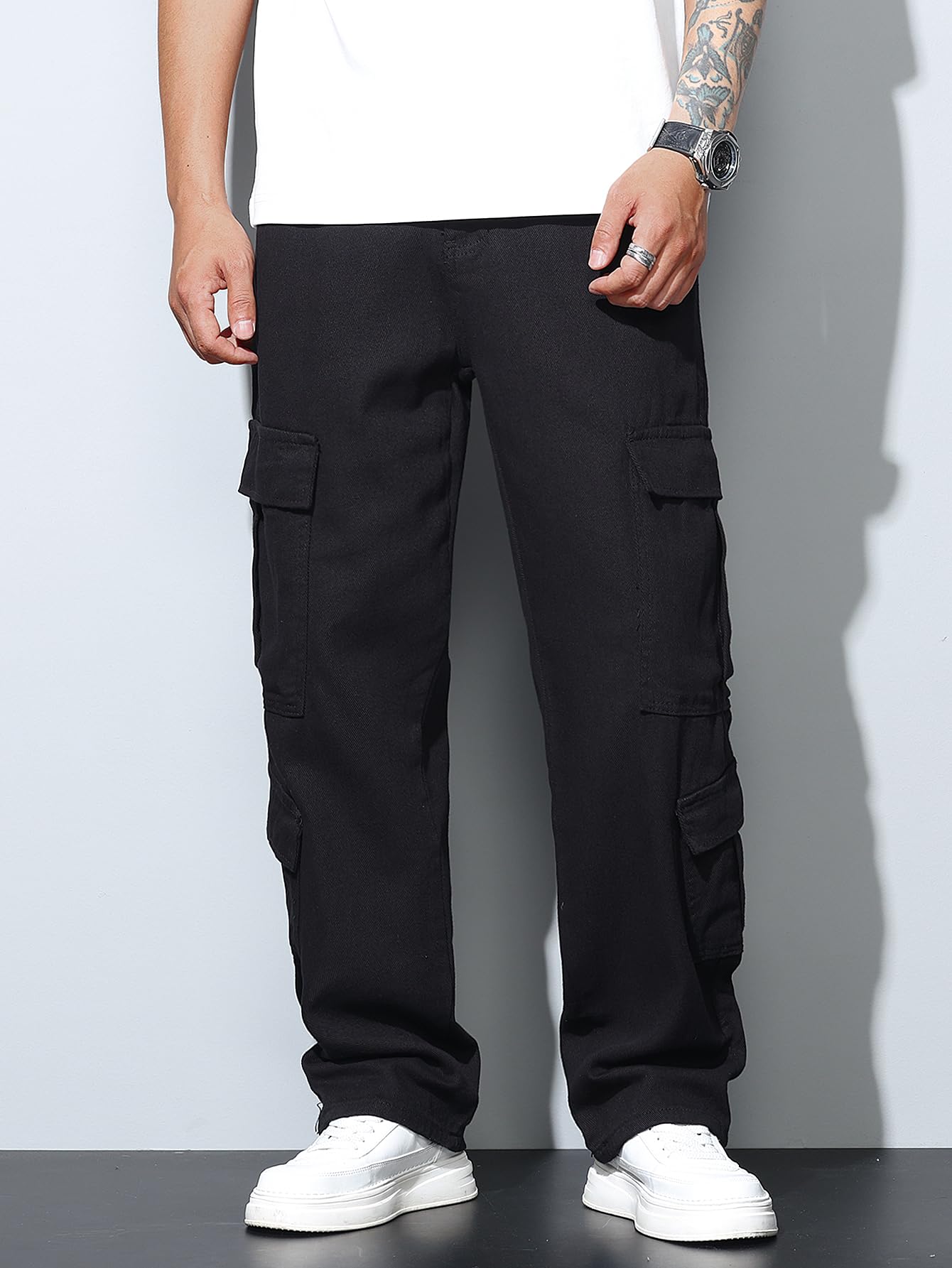 Uomo Casual Baggy Cargo Denim Pants con Tasche Gamba Larga Skater Jeans Y2k Hip Hop Streetwear