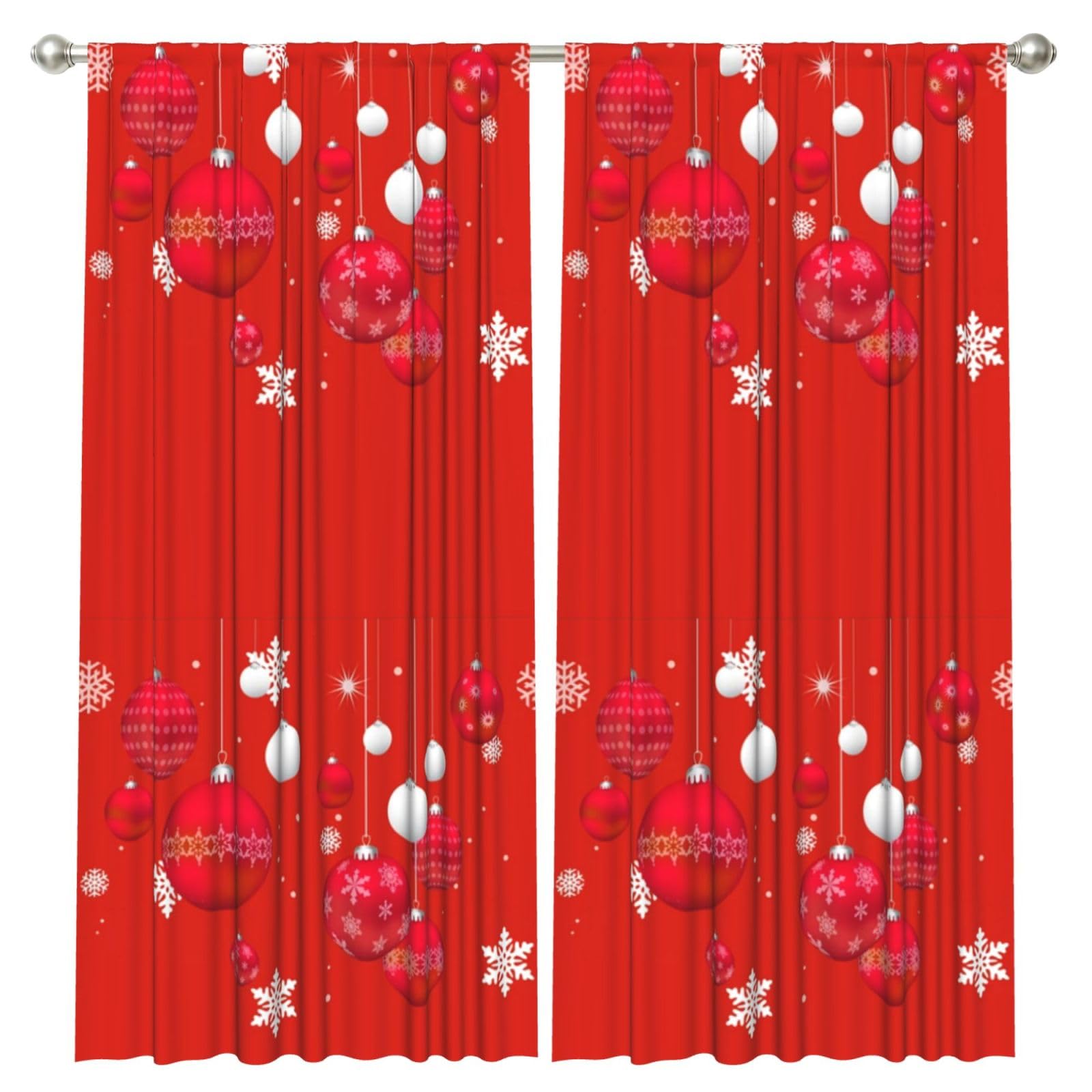 InOmak Christmas Baubles Red White Xmas Balls Snowflakes, 2 Panels Window Curtains 52 x 84 Inch Blackout Curtains for Living Room Bedroom