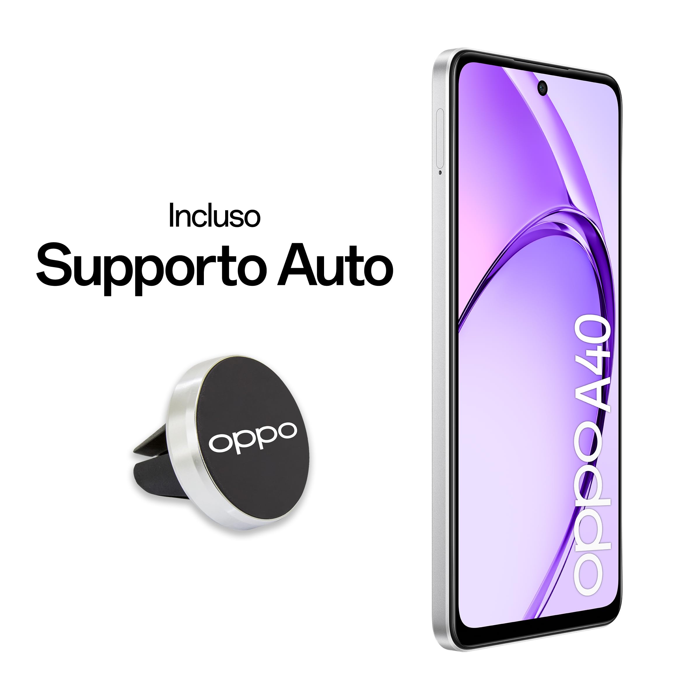 OPPO A40 Smartphone, Fotocamera AI 50MP, Selfie 5MP, Display 6.67” 90HZ LCD HD+, 5100mAh, RAM 12 (6+6) +ROM 128GB (esp1TB), IP54, Supporto Auto [Versione Italia], Starlight White