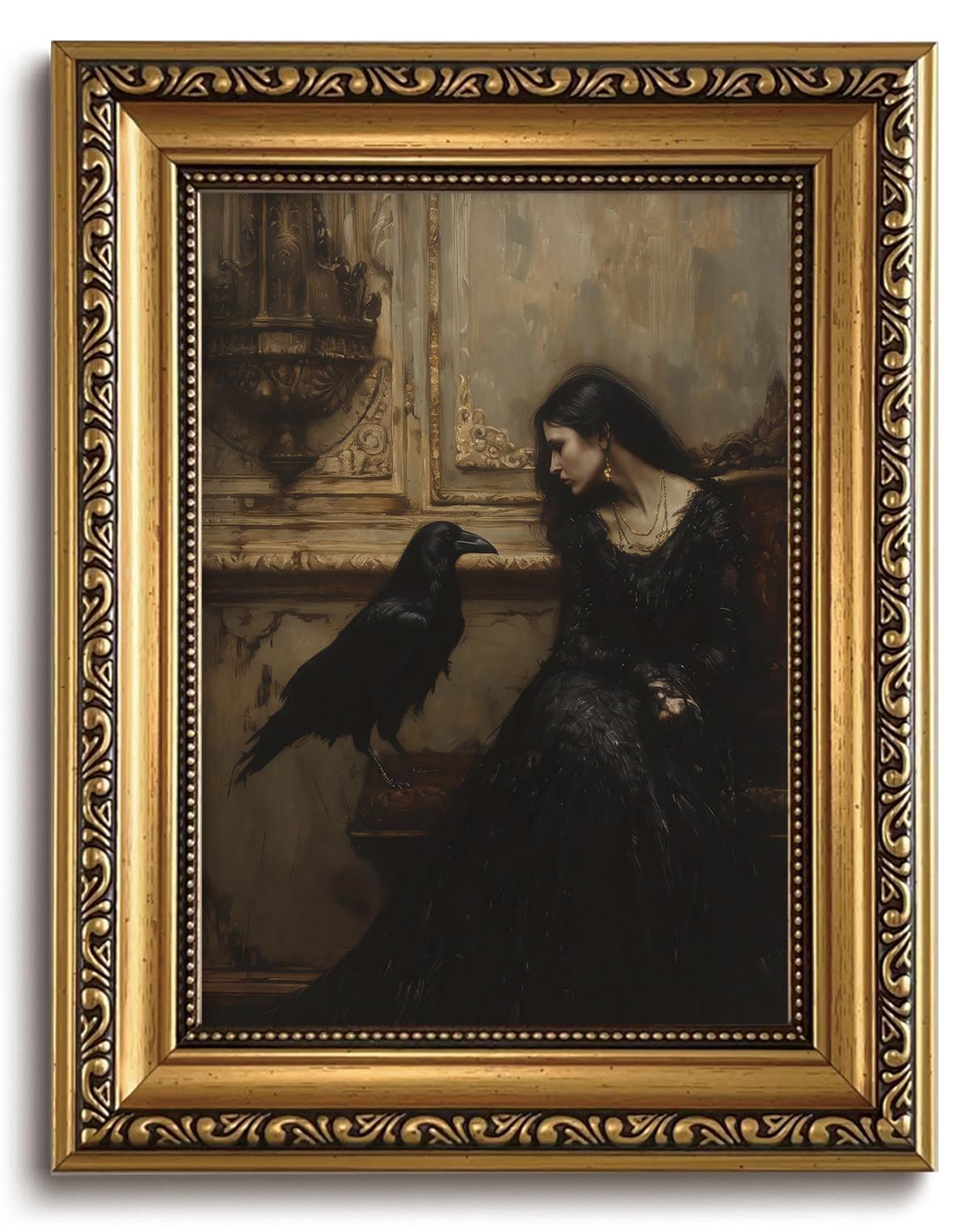 Mrysuart Vintage Gold Framed Wall Art Dark Academia Canvas Prints Gothic Cottagecore Pictures Wall Decor Victorian Lady Raven Paintings Artwork for Living Room Bedroom 8x10in