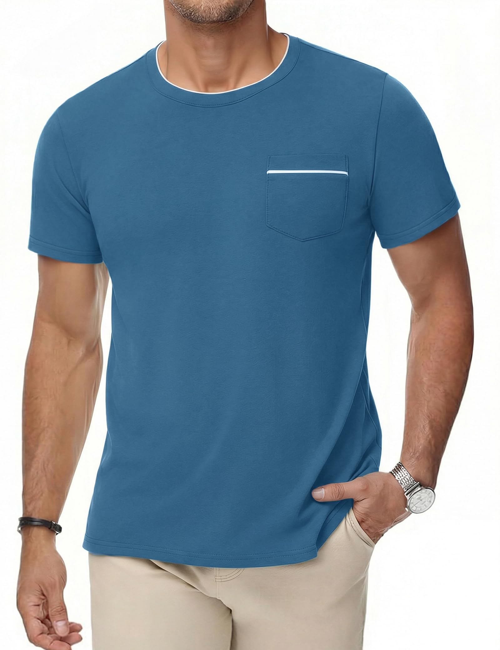iClosam T Shirt Herren Baumwolle Kurzarm Rundhals mit Brusttasche | 95% Baumwolle 5% Elasthan Kontrastdetails Brusttasche Regular Fit für Sommer Alltag und Freizeit