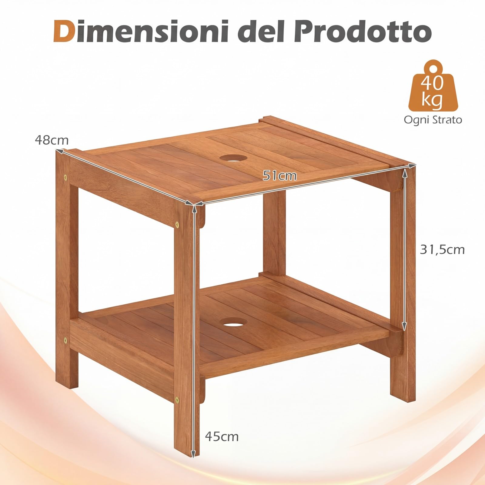 COSTWAY Tavolino da Esterno con Foro per Ombrellone 4 cm, Tavolo da Balcone in Legno Massello, a 2 Ripiani, Salvasapzio, per Giardino, Terrazzo, Cortile, Portata 40 kg, 51 x 48 x 45 cm