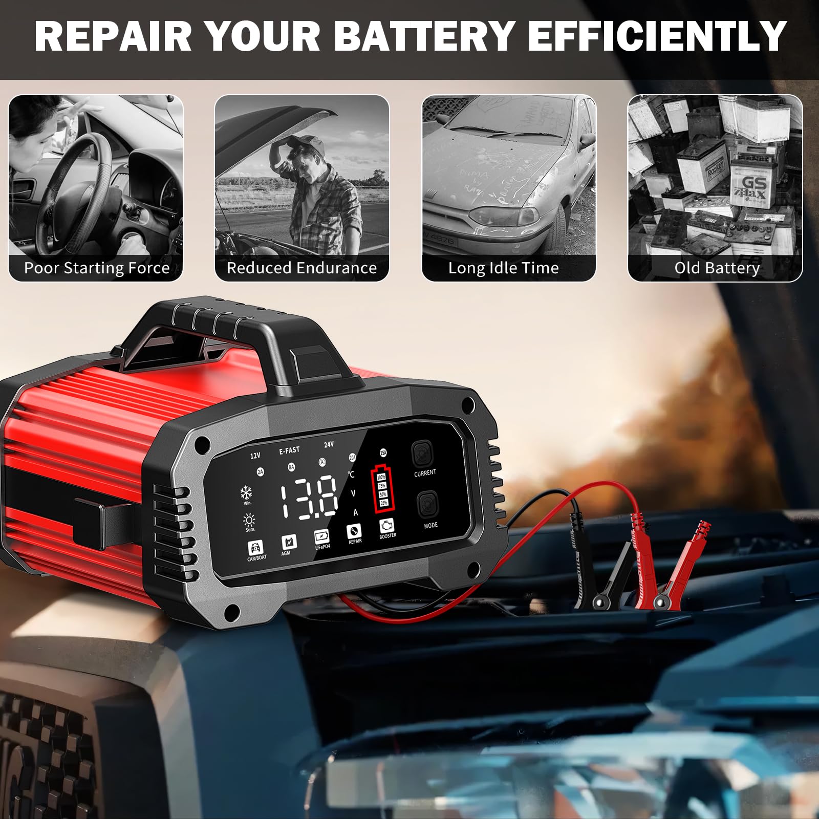 25A Auto-Batterieladegerät, mit Temperaturkompensation für Auto-, LKW-, Motorrad-, Rasenmäher-, Boots- und Marine-Batterien, rot