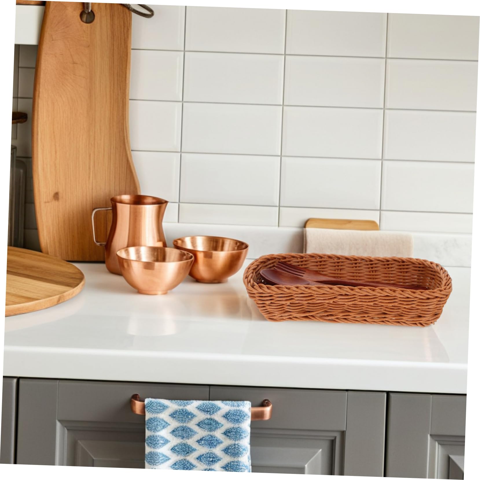 YARNOW Porta Utensilios de Ratán Cesta para Cubiertos Organizador de Utensilios Tejido de Plástico para Encimera de Cocina 28X11x6cm