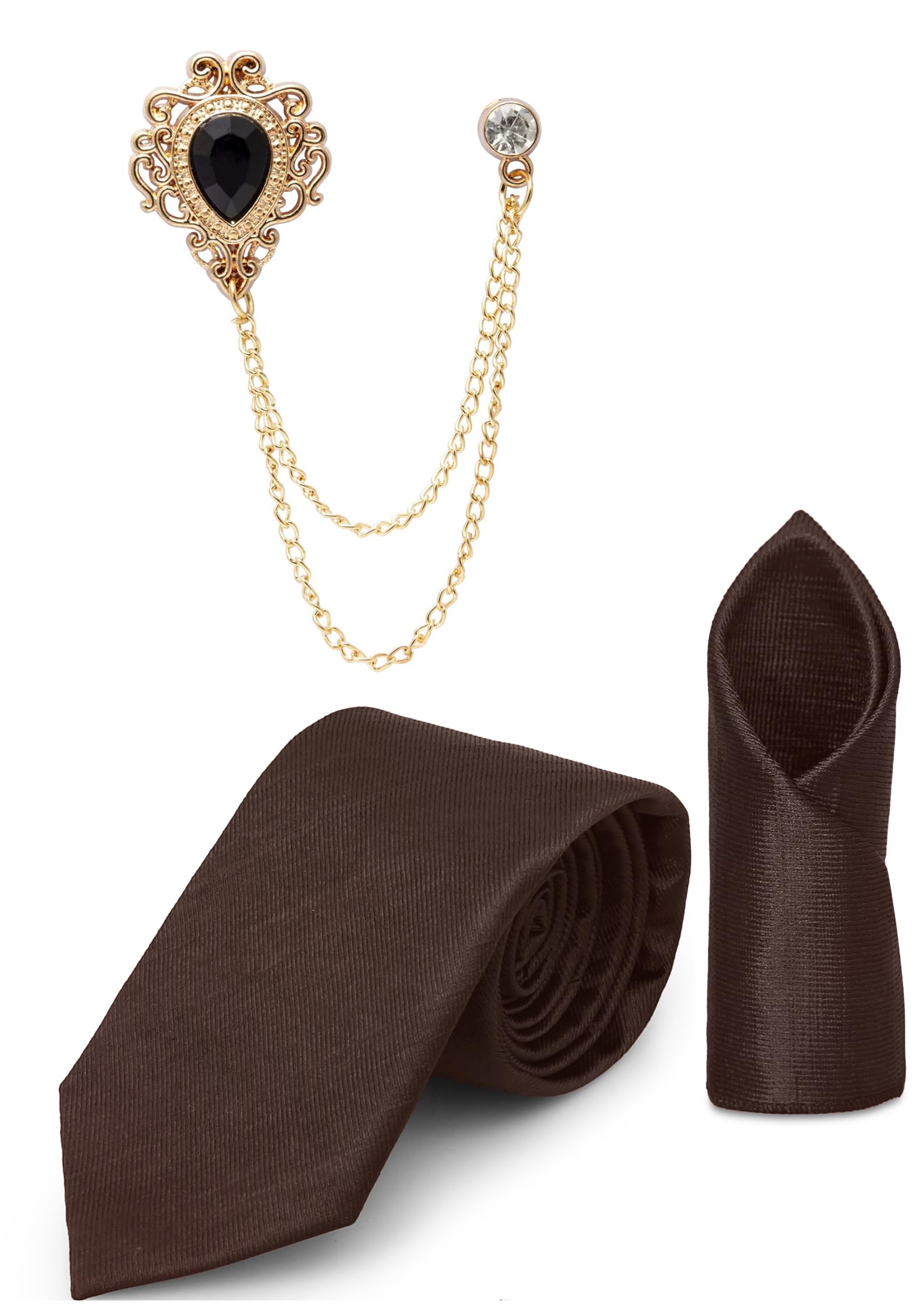 random stripe Tie Set For men Includes necktie, matching pocket square & stylish crown brooch with chain.-picture-16